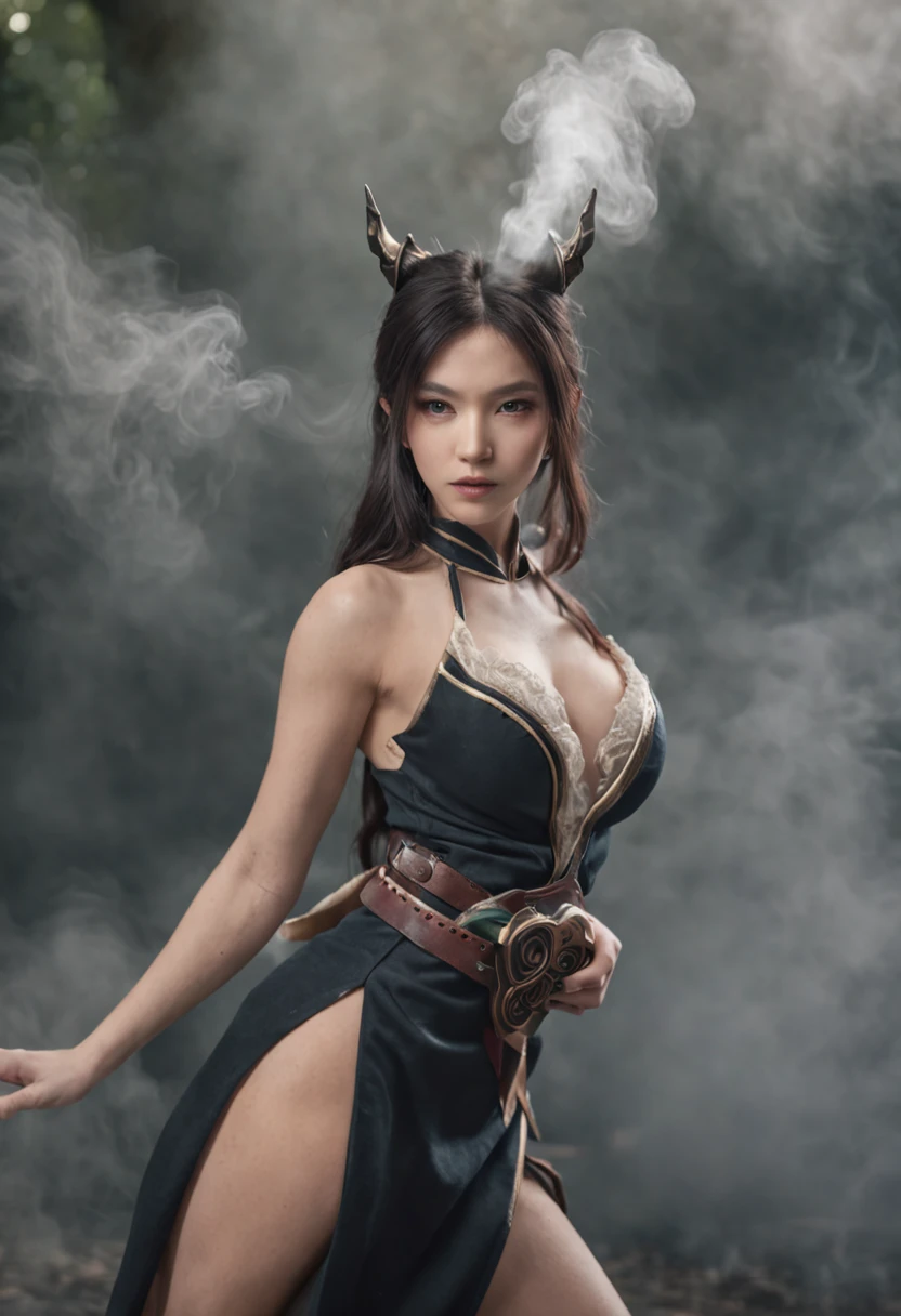 The word "lux" Foreground writing, ((Ahri of League of Legends, Ultra photo realsisim)), (((full bodyesbian))), ((Perfect hands)), Use samurai weapons, Old background, ellegance, Gray and black smoke, astounding, Ultra photo realsisim, octan render, Surrounded by the effects of smoke and lightning,  Estiello League of Legends, Old background, ellegance, dazzling, (Wallpapers), concept-art, intricately details, highly  detailed, ((cinematic ligh)), Dramatic, (highest  quality, Awarded, tmasterpiece:1.5), (Fotorrealista:1.5), photography of, Realistic photo, Nikon, natural soft light, 4K, High definition, XF IQ4, 150 megabytes, 50 millimeters, ISO 1000, 1/250s, natural soft light, Adobe Lightroom, photolab, Photographic affinity, Director of Photography 365,