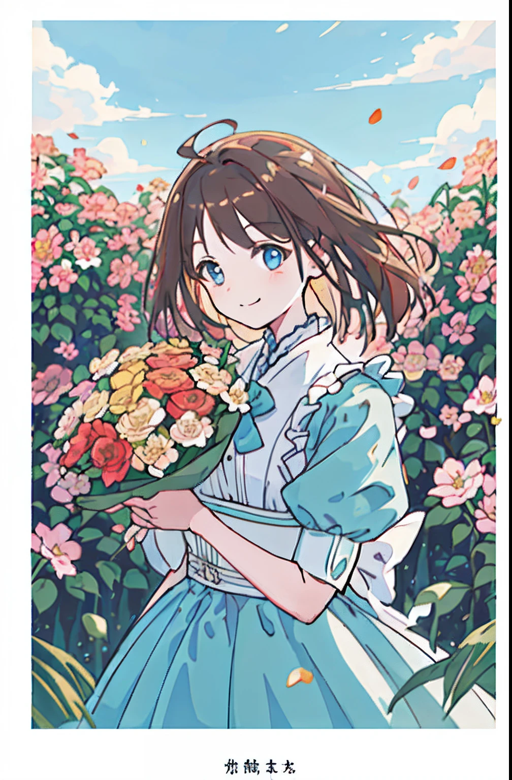 (​masterpiece、top-quality、illustratio、Extremely high quality、high-level image quality、Extremely sensitive writing)Girl with brown hair standing in beautiful flowery garden、A slight smile、She has a large bouquet、Cute national costume style dress with ruffles on the shoulders、Hair fluttering in the wind