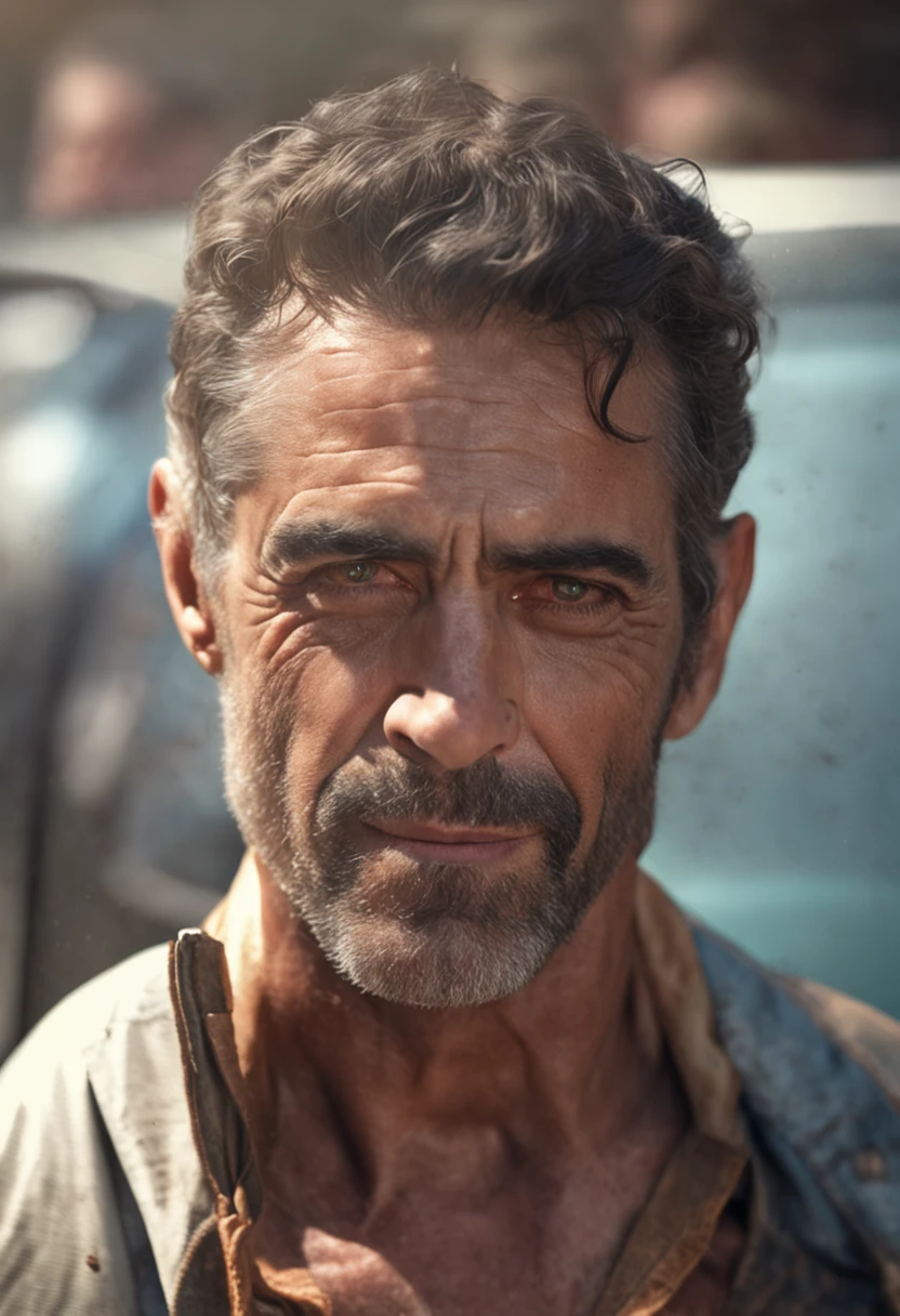 Make a lifelike portrait，Depict a man who bears a striking resemblance to Jeffrey Dean Morgan, Exudes infectious enthusiasm and a genuine zest for life,warm, Natural light highlights the characteristics of the subject，And bring out the warmth in his expression,Close-up shot, Capture his face and upper body. Place the camera at eye level，to show his connection to the audience, And his bright and enthusiastic expression took center stage stage ::n_Generate an image，Depict a man who looks tired and selfless, Convey a lack of enthusiasm and passion