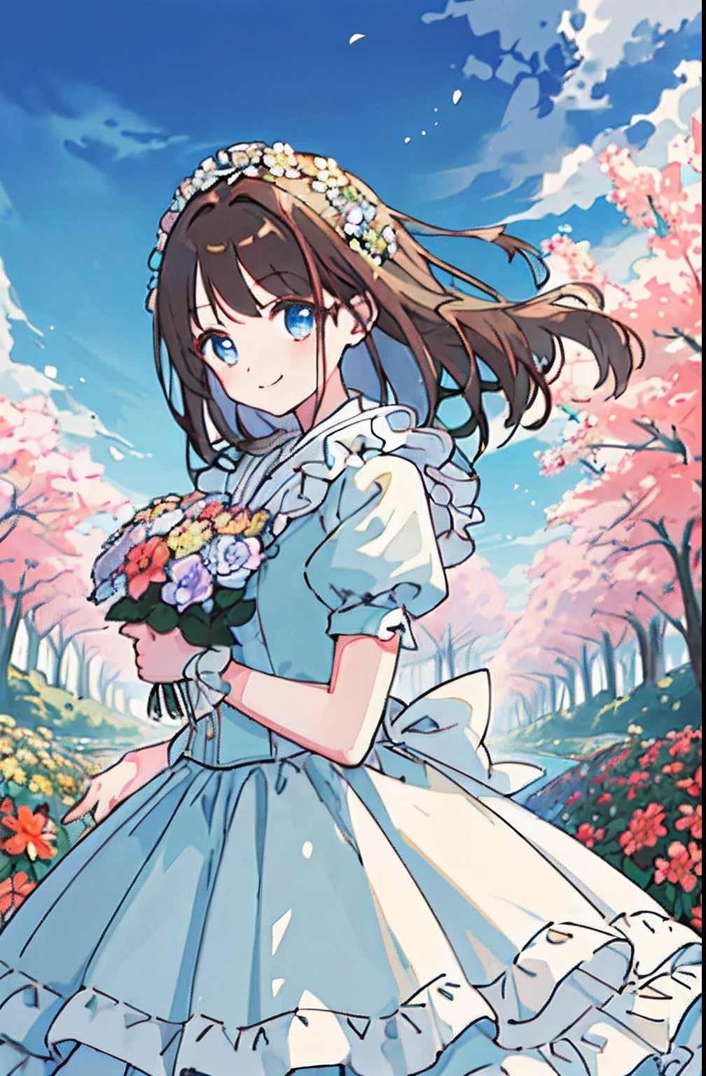 (​masterpiece、top-quality、illustratio、Extremely high quality、high-level image quality、Extremely sensitive writing)Girl with brown hair standing in beautiful flowery garden、A slight smile、She has a large bouquet、Cute national costume style dress with ruffles on the shoulders、Hair fluttering in the wind