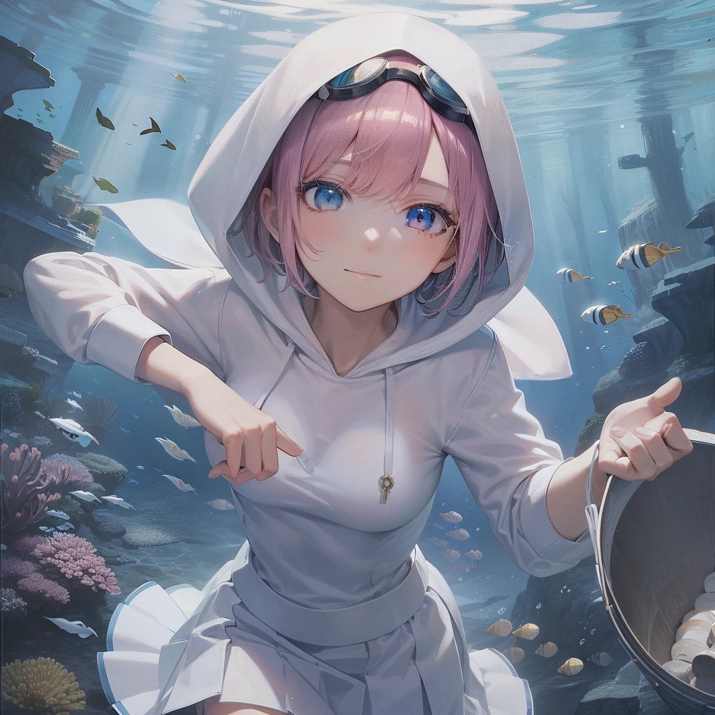 {{{{{masutepiece,Best Quality,ultra-detailliert}}}}},1 woman,Beautiful short hair,Beautiful face,Beautiful eyes,Beautiful white hood and shirt,White Long Roll Skirt,Diving goggles ,Have a bucket full of shells,Beautiful undersea background,