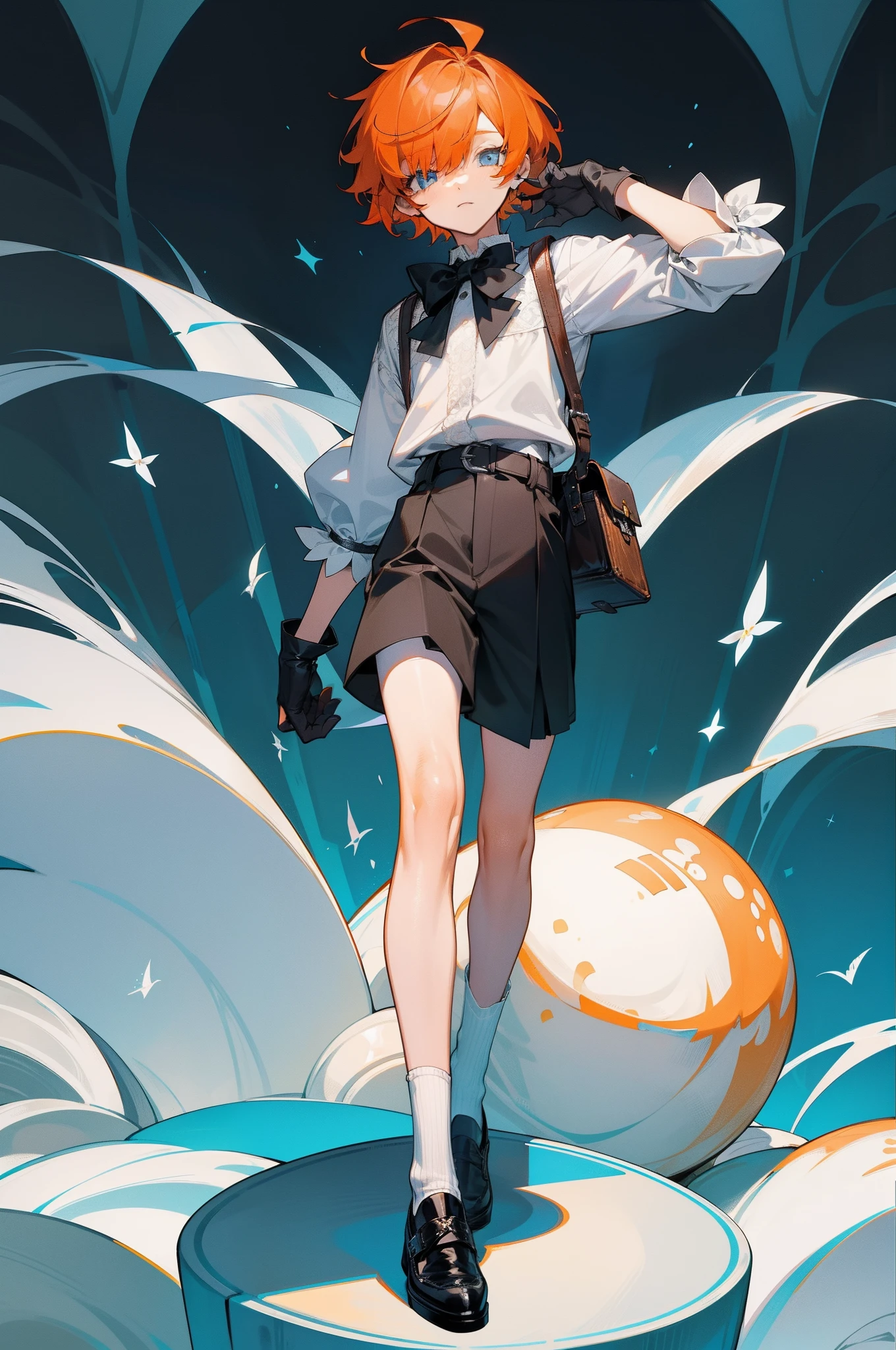 A teenager，orange short hair，blue color eyes，Bangs cover one eye，Wear a white shirt，The cuffs have long lace trims，blue bowtie，longer sleeves，Wearing black shorts，show legs，Wear white socks and leather shoes，wearing satchel，He wears black half-palm gloves on his hands，The whole wonderland
