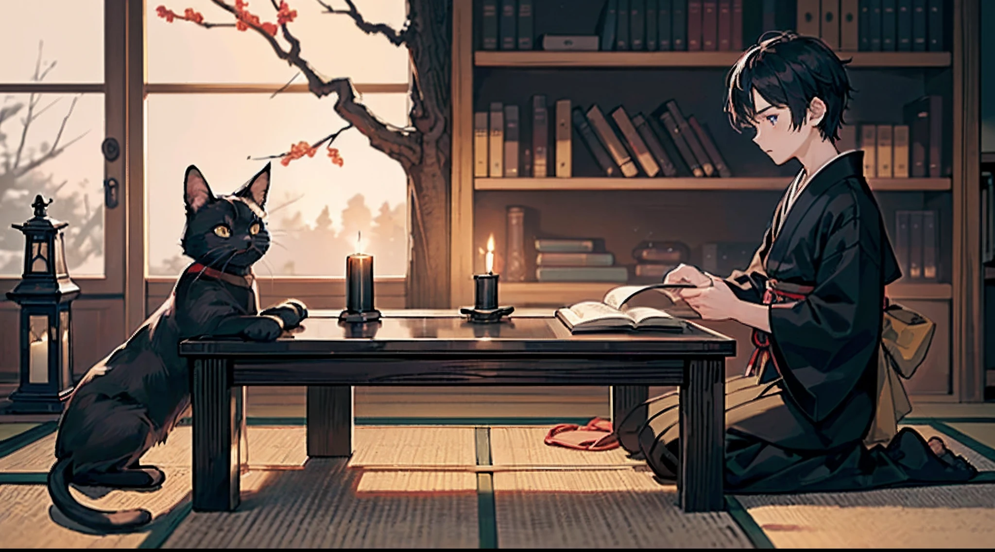 #nigh sky (Darkness of the night,No light), #One Writing Boy ( male、Honor Students、A dark-haired、short-hair、Hakama,Sit flat), #Black room at night (No light,Black cat,Wooden Low Table,1 candle,Beautiful tatami mats,a lots of books,bookshelf)