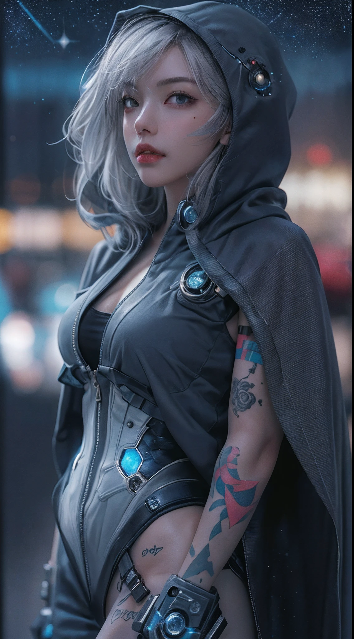 photorealistic, high resolution, soft light,1women, solo, hips up, shining skin, (detailed face), jewelry, tattoo, best quality, 4k, mecha, starry sky, stars \ (sky\), cape, hair ribbon, slim legs, hood, long hair, gray hair, cyberpunk, depth of field, (big breast: 0.75),