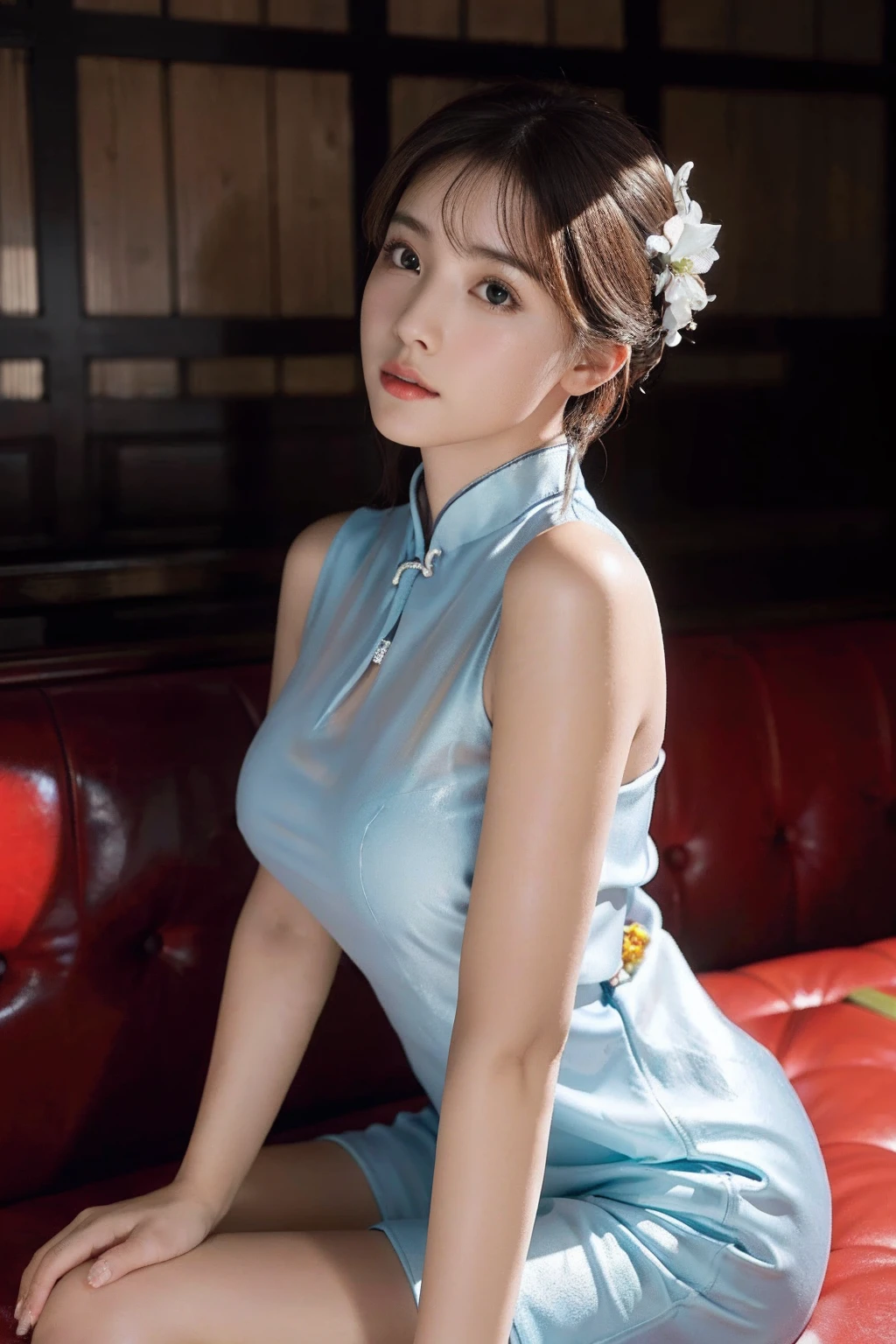 primitive，tmasterpiece，ultra fine photos，best qualtiy，超高分辨率，Photoreality，rays of sunshine，full-body portraits，stunningly beautiful，，dynamicposes，delicated face，Vibrant eyes，（seen from the side），Exquisite cheongsam，on cheongsam，cropped shoulders，Delicate head flower，Sit on a leather sofa，very highly detailed background，detailed face with，Detailed and complex busy background，Untidy，opulent，milkyW，Highly detailed skin，Realistic details of skin，Visible Pore，tack sharp focus，volume fog，8K  UHD，digital SLR camera，high qulity，filmgrain，White skin of the，photo-realism，DL，Huge metropolis in a dystopia of the future , look from down, semi transparent