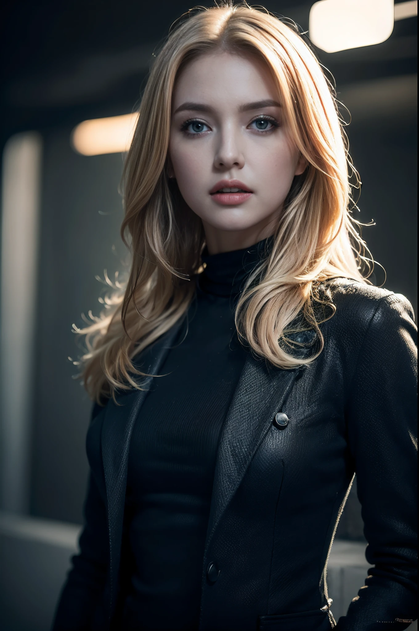 Best quality, masterpiece, ultra high res, (photorealistic:1.4), raw photo, 1girl, blonde hair, blue eyes, detailed eyes and face, black suit, dynamic lighting, in the dark, deep shadow, low key, cowboy shot full-lenght body