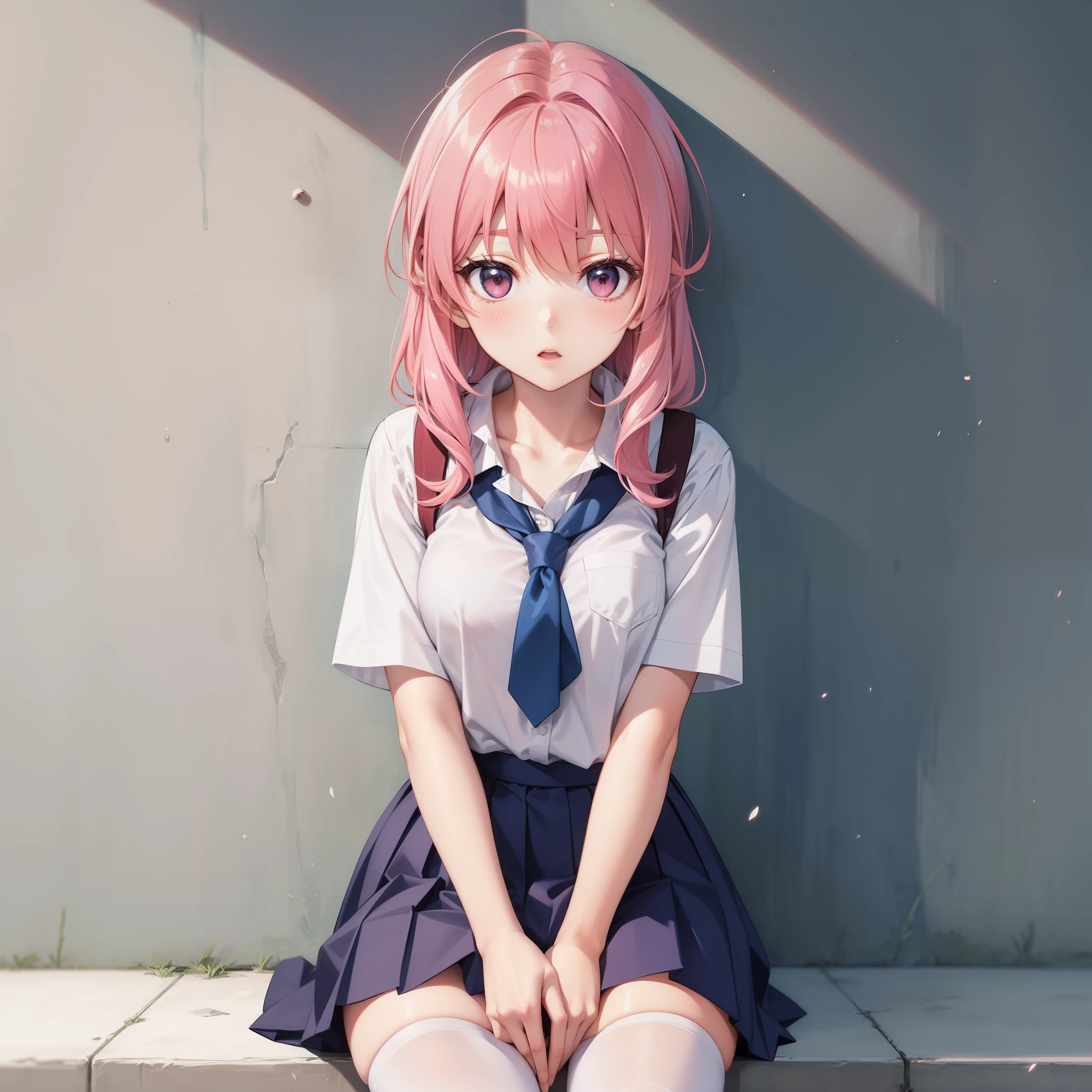 Anime style. girls. Pink hair. White tights. JK skirt. Poor milk,Sit and open the crotch.