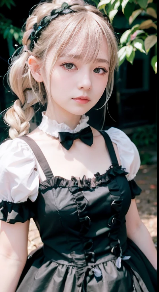 (ultra-detailliert), Cute princess dresses in black color,(frilly dress),(shortsleeves),Blue eyes,The upper part of the body、a closeup、faces、(A smile:1.1),(facing front:1.2), 20yr old, teens girl,no tail,(no tail),2D, ​masterpiece, top-quality, animesque, A detailed eye, A detailed face, girl with, Only 1 person,Silver-haired medium hair, (a blond),  Ear Hair, small tits, Single braid, (Single braid), (Side braid), Pink ribbon, Ribbon around the neck, (White sleeves), Background bokeh