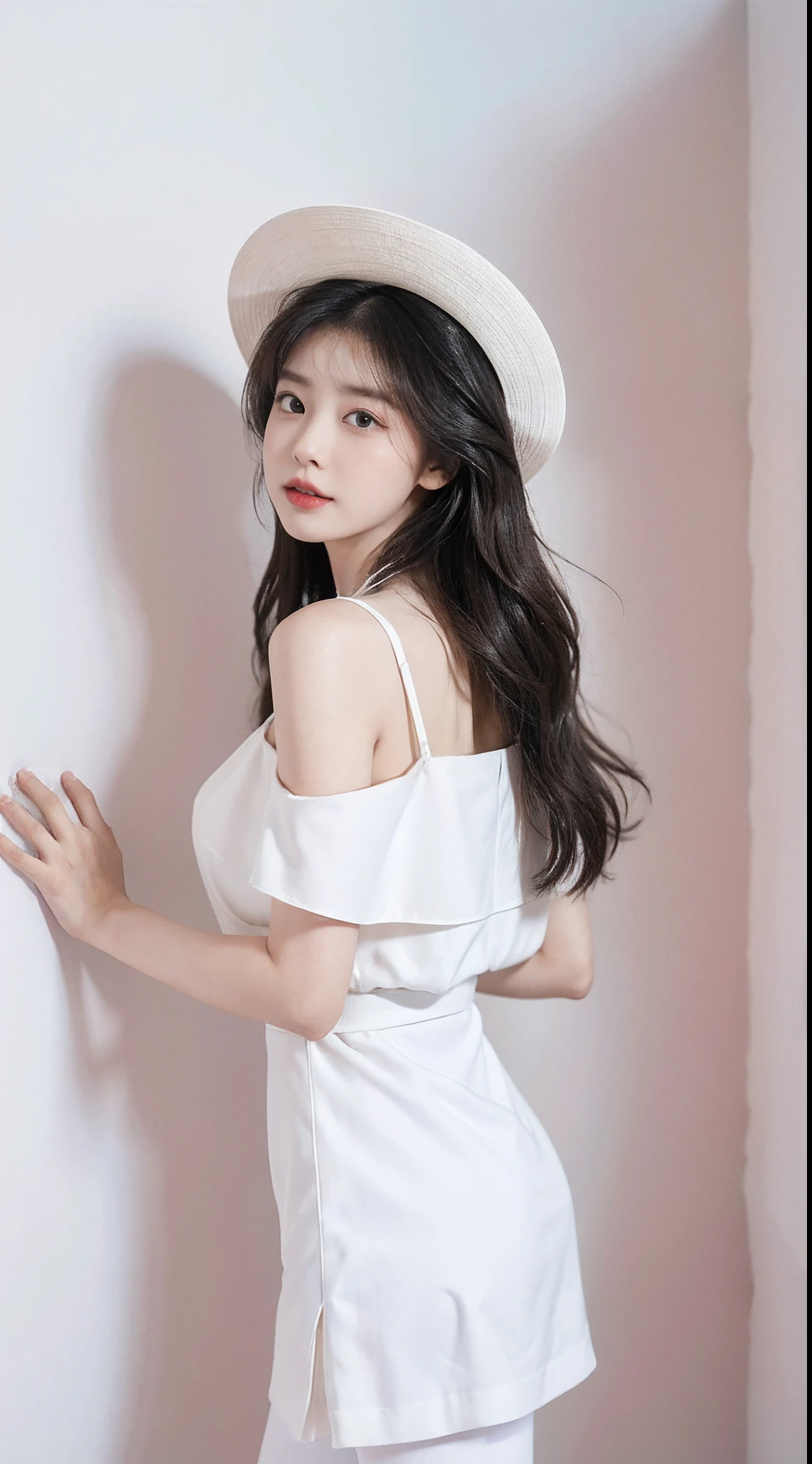 best qualityer,Frontal photo,deep in the night,A perfect young female white-collar worker,Chinese big breasts,High picture quality,Works of masters,Black hair,Long hair shawl,Long hair flowing over the shoulders,Beach wave hairstyle,cropped shoulders,鎖骨,exquisite face,Hydrated red lips,Red little new student uniform,pleatedskirt,The model has a natural hairstyle,Fresh makeup,The dress color is red、Light purple predominates,Use flowers、Straw hats and other accessories,white stockings,Real Human,the night,(White interior wall background:1.5),CG rendering,16k,Stand up,Stand naturally,Place your hands on either side of the Pope,raised head,up chest,The eyes naturally look at the camera,Empty interior,Do not show your hands,Close-up shot