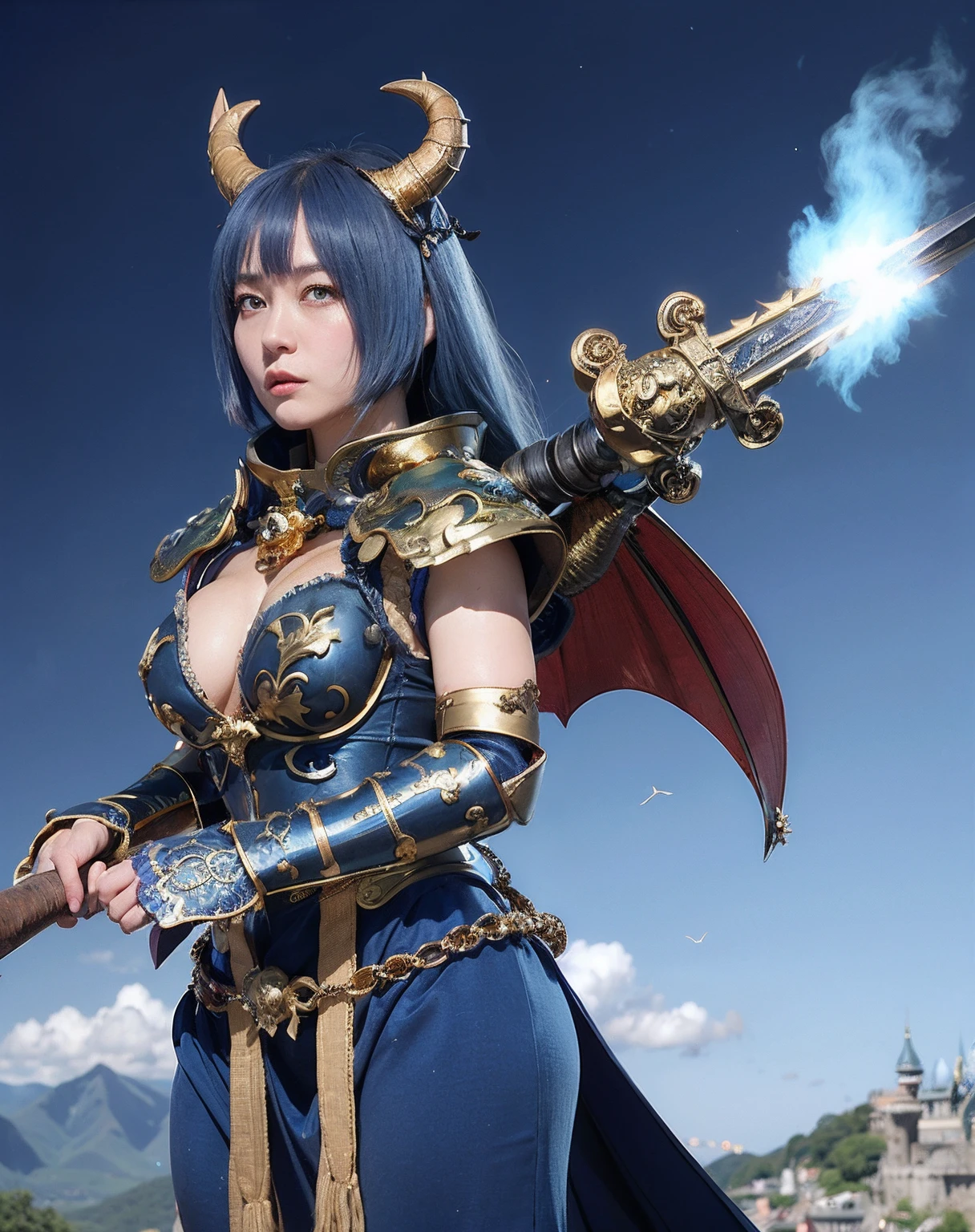 Professional , ​masterpiece、top-quality、photos realistic , depth of fields 、（Gemstone Blue Metal Body:1.９),(Matte blue with gold pattern、Wind-effect、（cleavage of the breast）、Dragon Gold Weapon（Dragon Metal Body:1.４),Gorgeous gold weapons ,（Particles of light）、（Strange expression）、Mystical expression、（（ Dragon's dense and gorgeous sword）） , Ultimate Beauty   、（（Blue hair））、（Castle background）、The dragon、（（Gangle's forest background））、Beautiful Caucasian beauty、（１a person）、dynamic ungle,(((Details of the two demon horns on the head)))、Smaller head、A smile、Castle background、Thin and beautiful female hands、cleavage of the breast、Soldier in iron armor on background、Mystical expression、Light Effects、Wind-effect、magic circles、With the legendary magic wand、（demonic wings）、（Blue hair）、（1 persons）、Battle Look、Anatomically correct body、Toostock、Toostock、