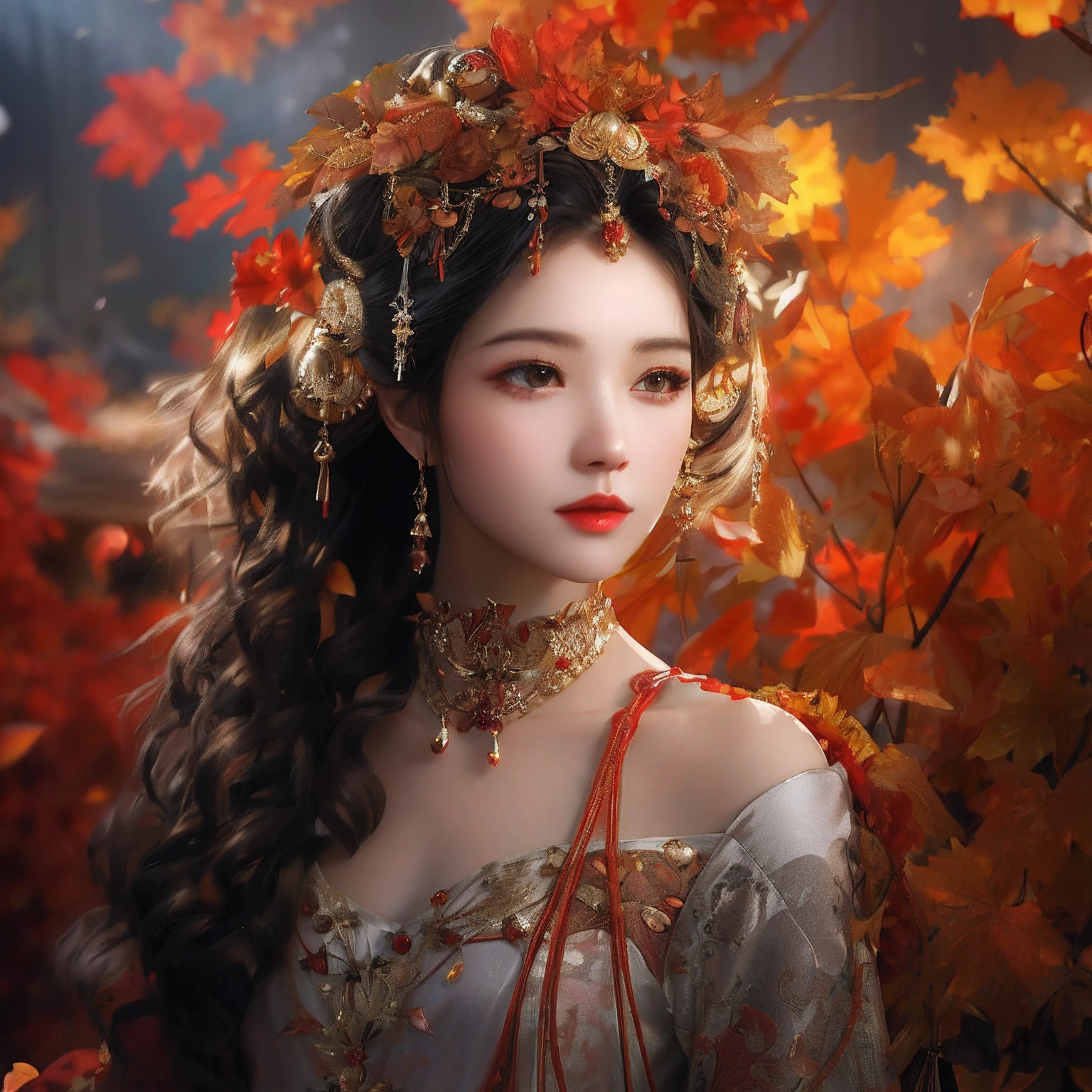 in a red dress、Necklaces and necklaces of Arad women, autumnal empress, lovely dark autumn princess, goddess of autumn, beautiful autumn spirit, beautiful fantasy maiden, beautiful fantasy portrait, beautiful fantasy art portrait, a beautiful fantasy empress, the goddess of autumn harvest, The hair turns into autumn leaves, renaissance autumnal, ((a beautiful fantasy empress)), beautiful teenage girl
