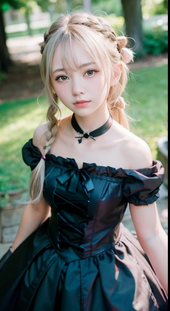 (ultra-detailliert), Cute princess dresses in black color,(frilly dress),(shortsleeves),Blue eyes,The upper part of the body、a closeup、faces、(A smile:1.1),(facing front:1.2), 20yr old, s girl,no tail,(no tail),2D, masterpiece, top-quality, animesque, A detailed eye, A detailed face, girl with, Only 1 person,Silver-haired medium hair, (a blond), Ear Hair, small tits, Single braid, (Single braid), (Side braid), Pink ribbon, Ribbon around the neck, (White sleeves), Background bokeh