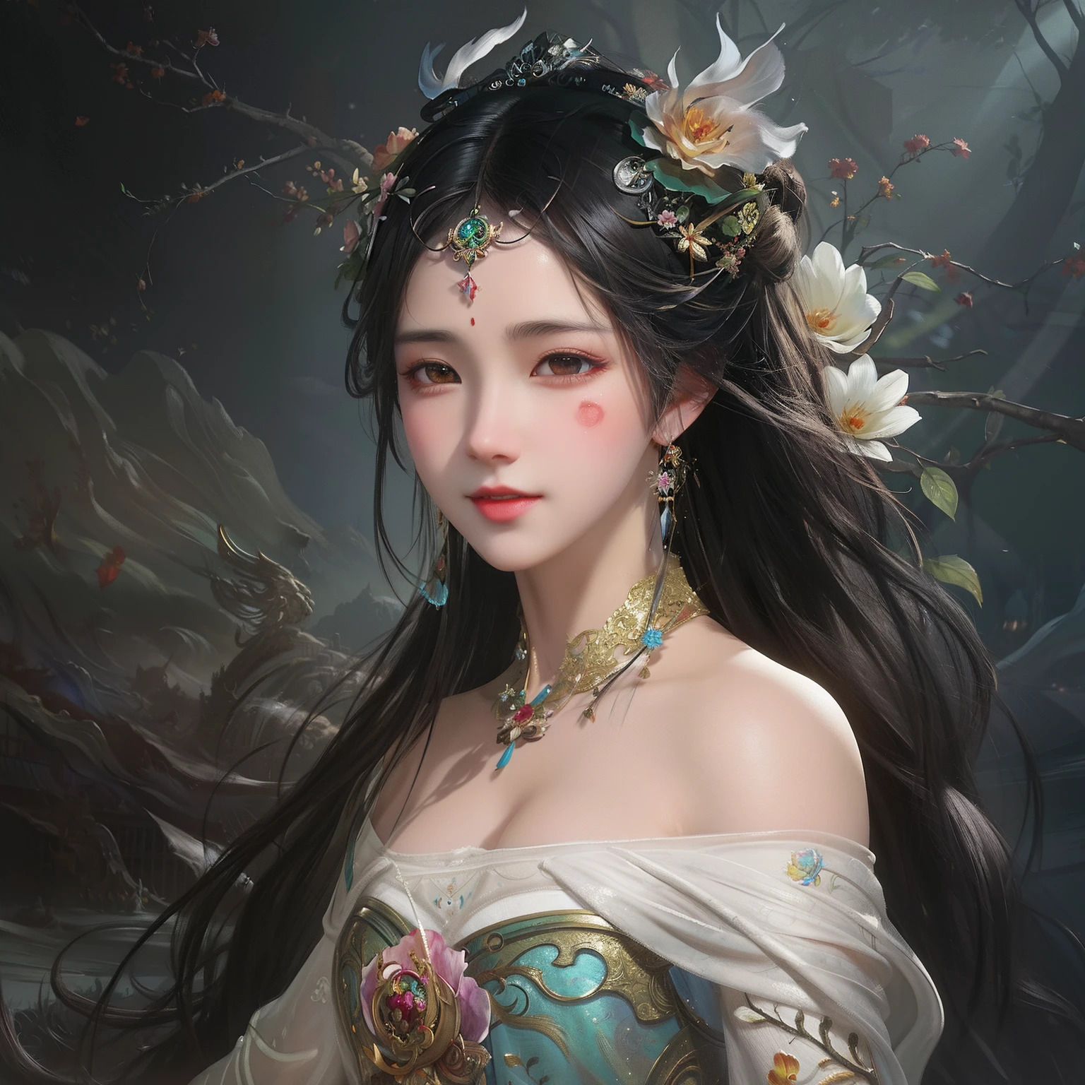 there is a woman with a flower in her hair, Guviz-style artwork, Beautiful character painting, style of wlop, Spastic Painting wind, beautiful fantasy art portrait, WLOP Art, guweiz masterpiece, digital fantasy art ), by Yang J, art by wlop, a beautiful fantasy empress, Inspired by WLOP, stunning digital illustration