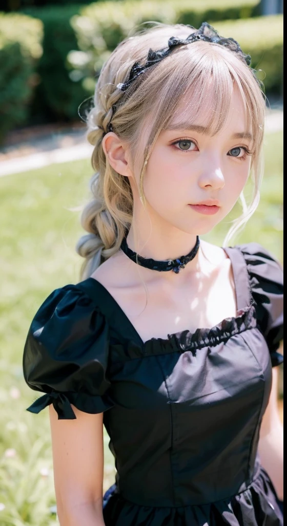 (ultra-detailliert), Cute princess dresses in black color,(frilly dress),(shortsleeves),Blue eyes,The upper part of the body、a closeup、faces、(A smile:1.1),(facing front:1.2), 20yr old, teens girl,no tail,(no tail),2D, ​masterpiece, top-quality, animesque, A detailed eye, A detailed face, girl with, Only 1 person,Silver-haired medium hair, (a blond),  Ear Hair, small tits, Single braid, (Single braid), (Side braid), Pink ribbon, Ribbon around the neck, (White sleeves), Background bokeh