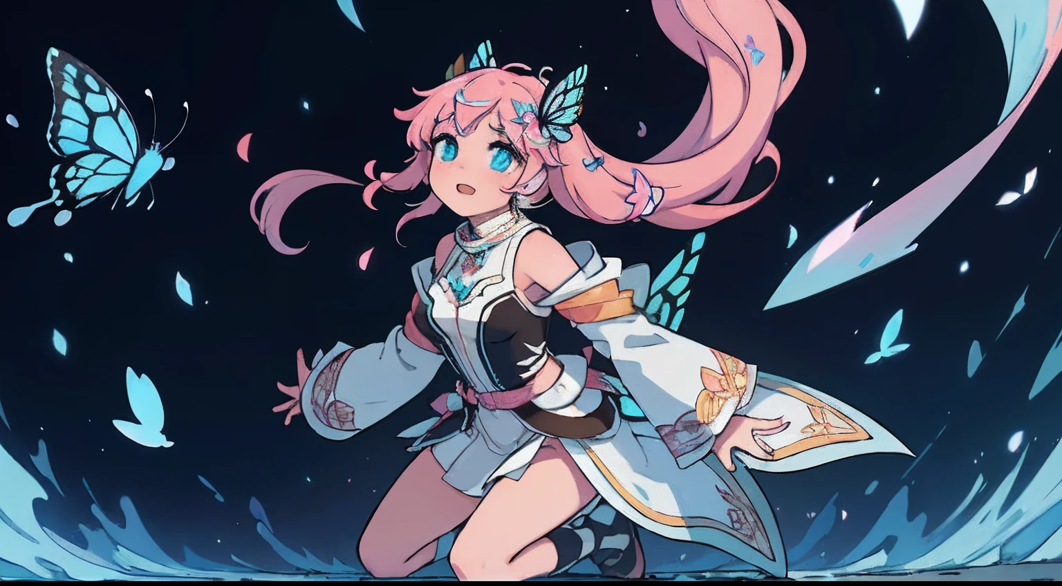 Octane Render、nffsw、(Hyper-detailing: 1.15)、(Soft light、sharp: 1.2)、songstress、full body Esbian、ultradetailed eyes、Full Paint、Splash、（Floral hair ornament、butterfly hair ornament）、 masutepiece、Anatomically correct、Sing as if floating in the light
