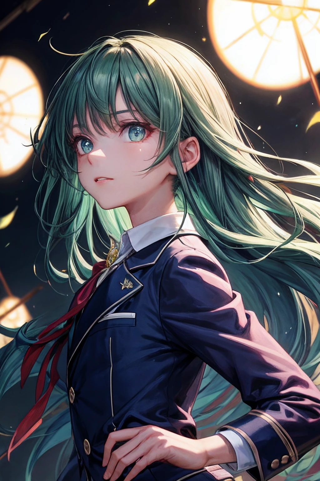 (best quality, masterpiece:1.2), (dynamic angle:1.5), colorful, eye focus, glowing, rainbow, boy, solo, ikemen, green hair, red eye, tsurime, sharp nose, facial muscle, (adam's apple, larynx), flat chest, large pectorals muscle, small arms muscle, shool uniform, blazer, jewelry eyes, twinkle eyes, glowing eyes, outdoor, plain