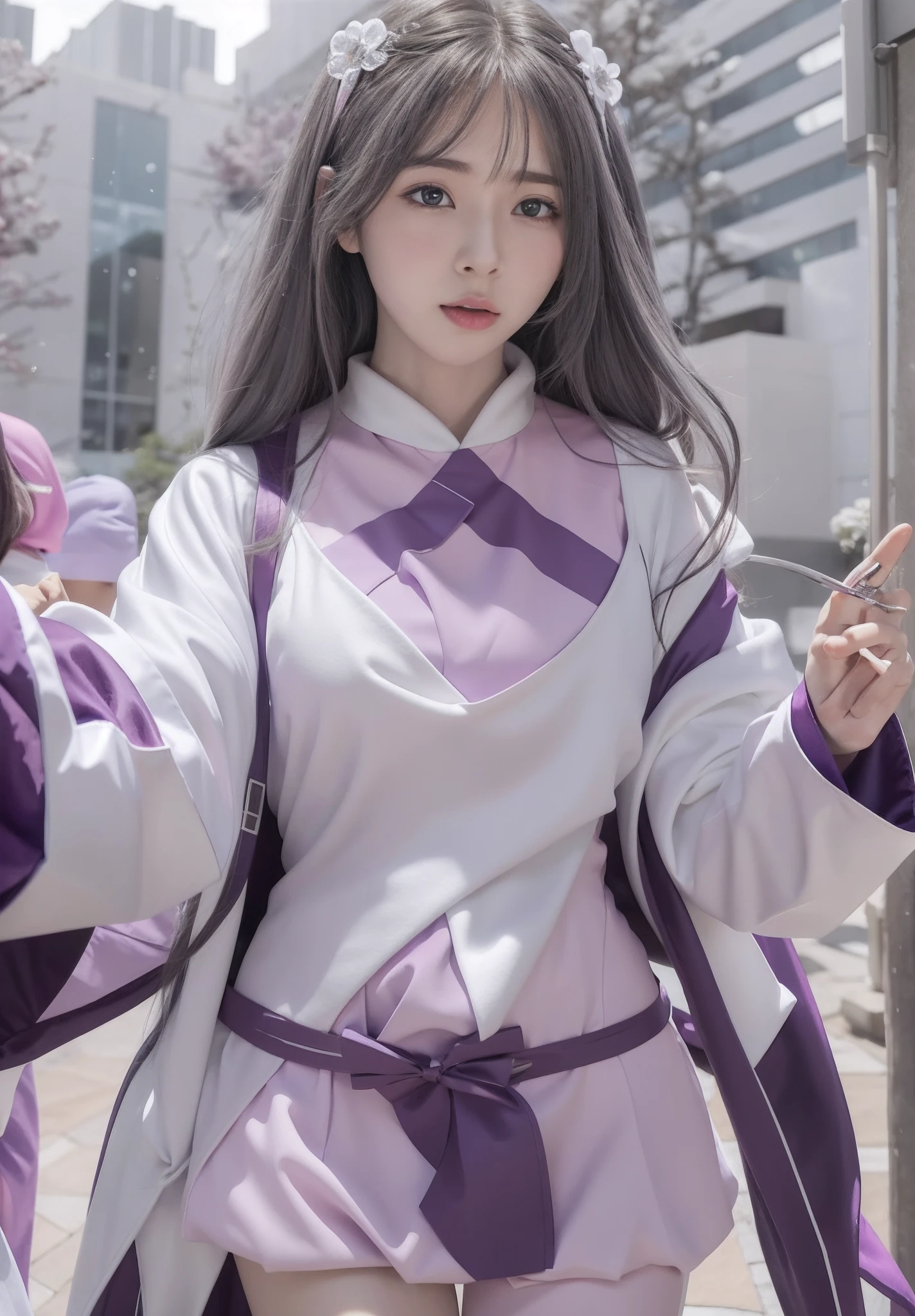 Anime girls pose for photos in white and purple clothes, Anime girl cosplay, full body white purple cloak, purple eyes and white dress, Anime cosplay, full body purple and white cloak, dressed with long fluent clothes, sakimichan, cosplay foto, cosplay, Anime girl in real life, white and purple, full-cosplay, White Hanfu,Hair,White hair color,long white hair,whaite hair,silber hair