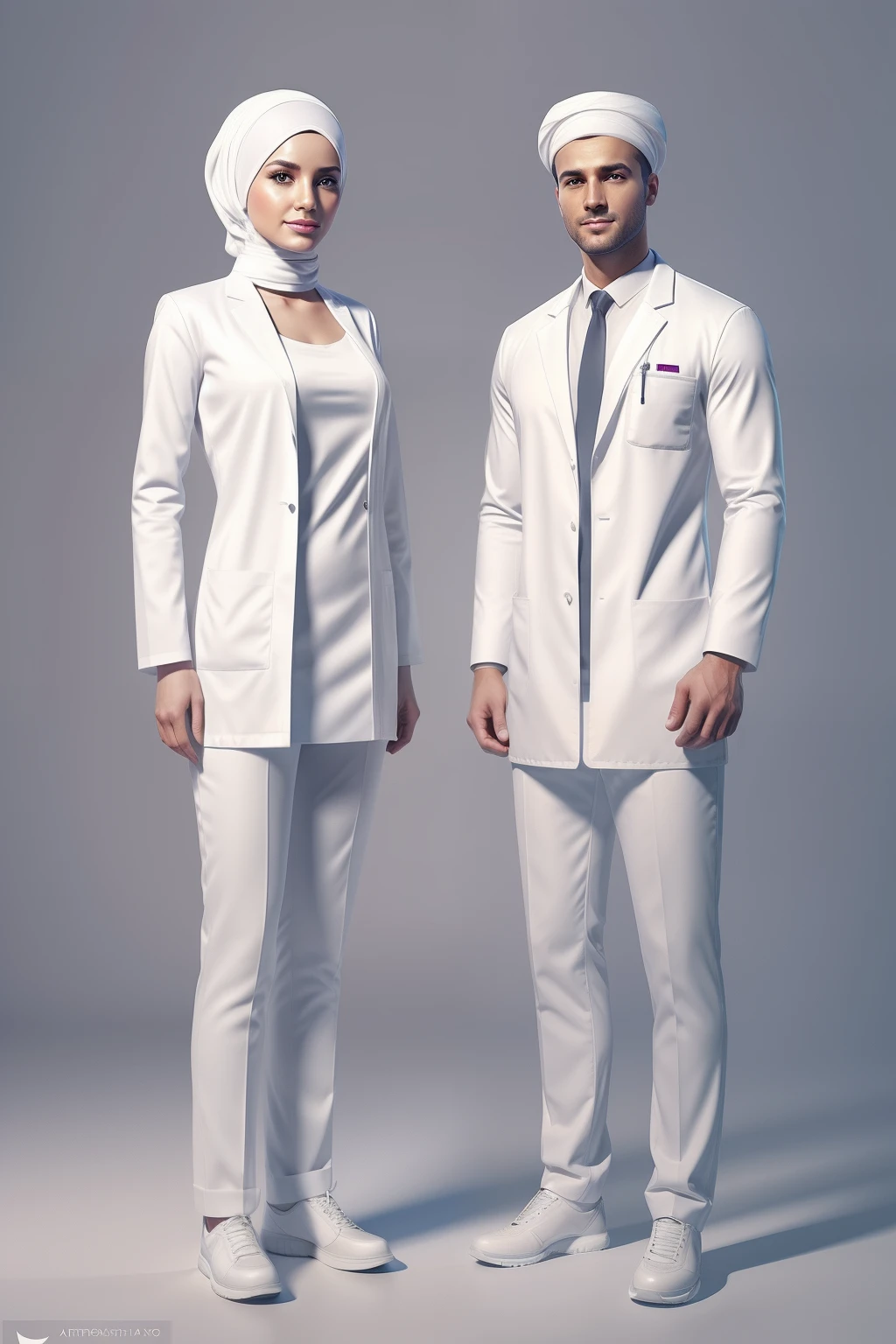 couple of pharmacist, white wardrobe, hijab, realistic, full body, standing, modeling, white background, elegant, digital painting, trending on artstation, concept art, sharp focus, 4k.