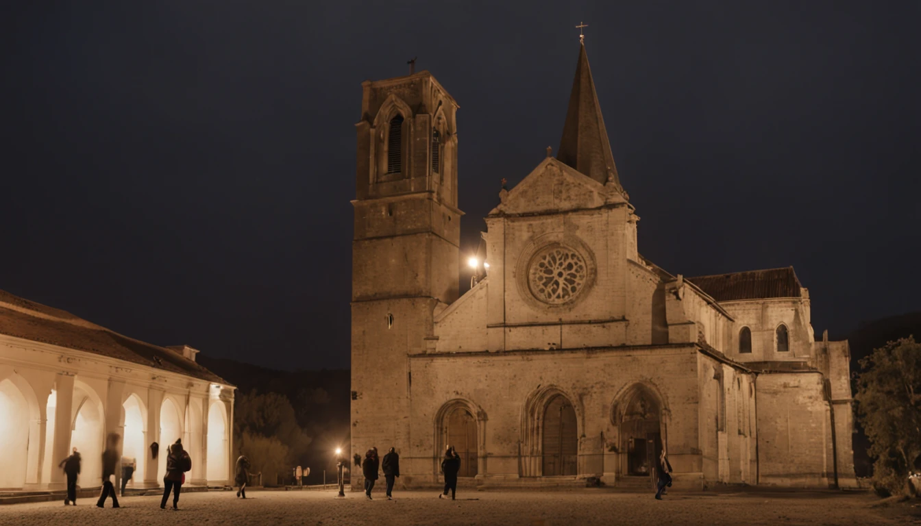 It's a cloudy night, and people are walking in front of the old church during nighttime.