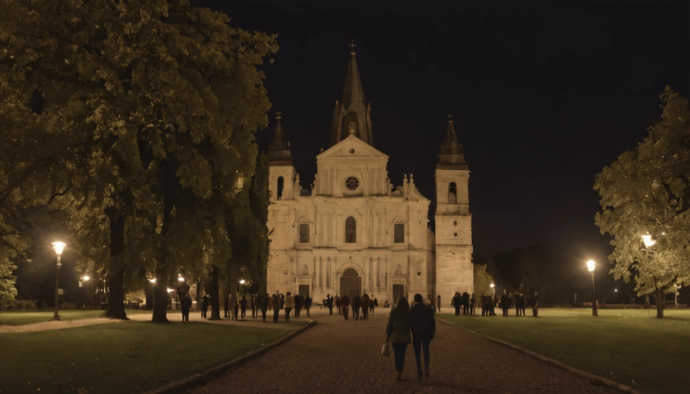It's a cloudy night, and people are walking in front of the old church during nighttime.