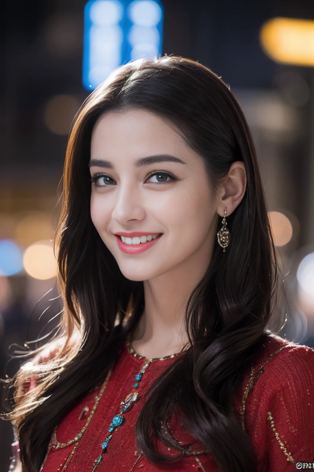 ((top-quality、8K、masterpiece:1.3))、1girl in、A smile、full body Esbian、Slim Faces、Pretty women、(dark brown hair)、Full-length dresses:1.1、hyperdetailed face、A detailed eye、二重まぶた、blured background、Slim Faces、Manhattan, New York、takeout、a street、