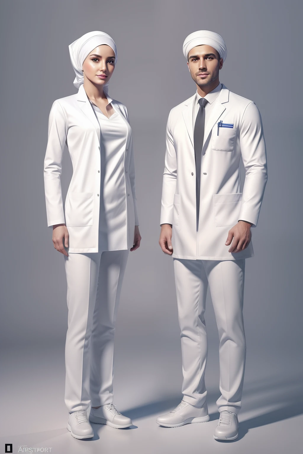 couple of pharmacist, white wardrobe, hijab, realistic, full body, standing, modeling, white background, elegant, digital painting, trending on artstation, concept art, sharp focus, 4k.