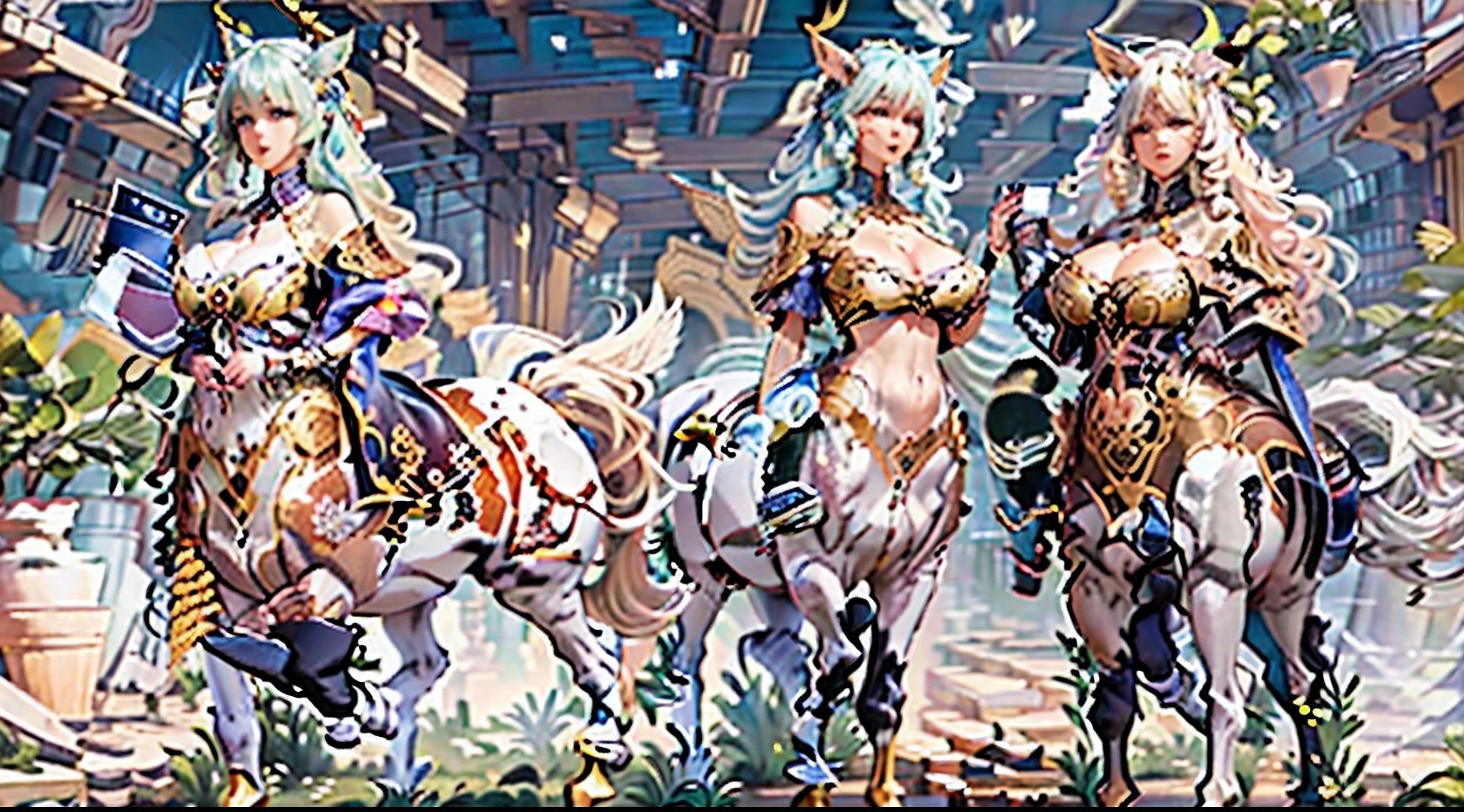 In the beautiful illustration of this super-grand scene,Display ultra-long-range lenses(Eight unique centaur characters:9.9),They all have their own characteristics,Vivid and interesting。A radiant angel centaur from the celestial realm,To hellish centaurs surrounded by nightmarish flames,Then to the Wind Fairy centaurs dancing in the air,There are also unicorn centaurs surrounded by lightning,and mechanical centaurs shining with metallic light,Then there are the mighty dragon centaurs,Colorful dragon scales cover the whole body,The elegant and agile elf centaur always wears a flower crown with slender and graceful lines,Charming and charming Tiflin centaurs。Each character has their own unique charms and abilities。Illustration uses advanced artistic techniques and tools,(Divide the scene into sections by geometric arrangement:9.9),Each section corresponds to a centaur character,This allows for more efficient use of space。Pass the advanced brush tool halfway、Color Palette、Material packages and model packages,Design beautiful costumes and equipment for each centaur,Enhance the character's personality and visual appeal。The scenery in the illustration is stunning,The sky is changing、rainbowing、extreme light、Stars and Moon。Incorporate iconic landmarks like Mount Everest,and fireworks、Tranquil lake、Natural and urban elements of waves and neon lights,creating a magical atmosphere。Centaurs show off their skills and equipment in a variety of environments,This is true even in extreme alien landscapes。(Use tools halfway、Material pack、Texture tools、The color palette makes the depiction details vivid and realistic:9.9),From intricate hairstyles and clothing to authentic textures,Enhance the realism of the character and the surrounding environment。The fusion of multiple artistic styles adds movement from all angles to the movement of centaurs,The overall visual experience is further enriched。The final illustration is described "Masterpiece",It has the following characteristics: "B