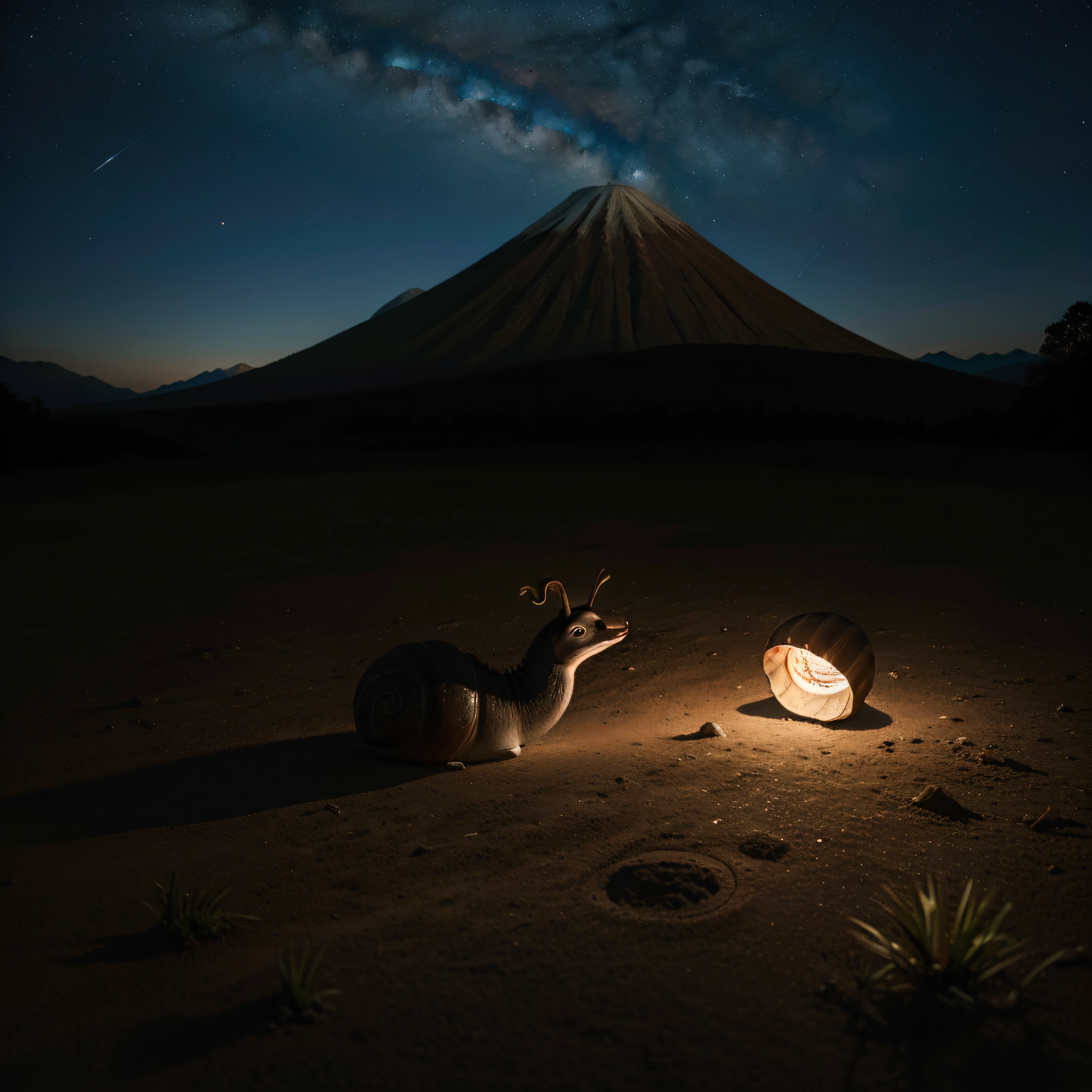 (extremadamente detallado, obra maestra, La mejor calidad, foto antigua, principios de siglo) half Man half snail, una linterna directa lo ilumina, bosque de noche. plano cercano. sangre por el suelo.