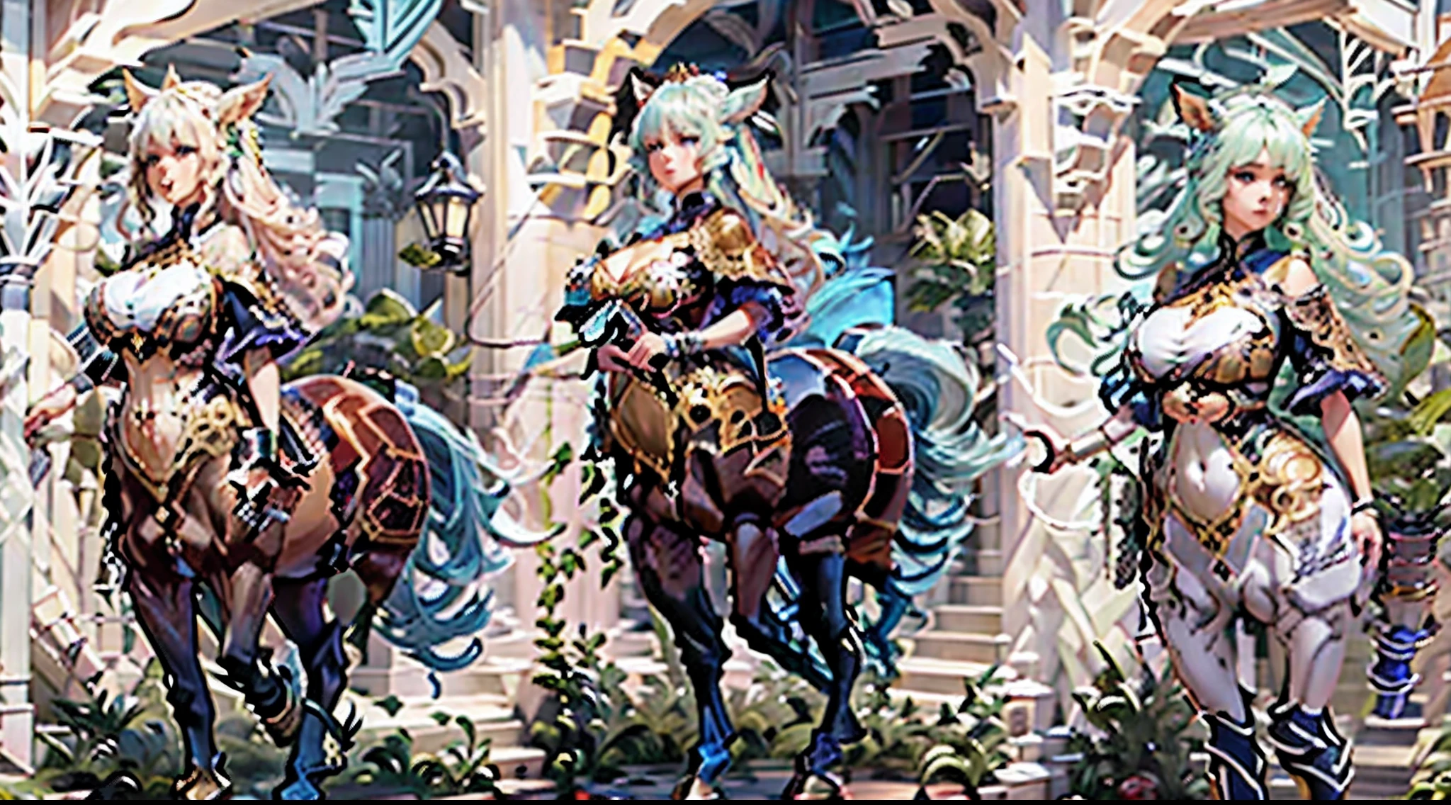 a cute yuna, centaur, wearing a sheer colorful tribal drape on her torso, she is inspecting flowers in a lavish flower garden, pure bliss, alluring
