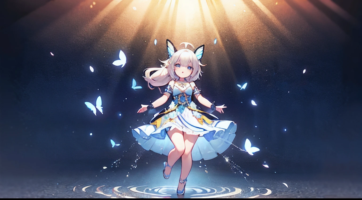 Octane Render、nffsw、(Hyper-detailing: 1.15)、(Soft light、sharp: 1.2)、songstress、full body Esbian、ultradetailed eyes、Full Paint、Splash、(Floral hair ornament、butterfly hair ornament)、 masutepiece、Anatomically correct、Sing as if floating in the light