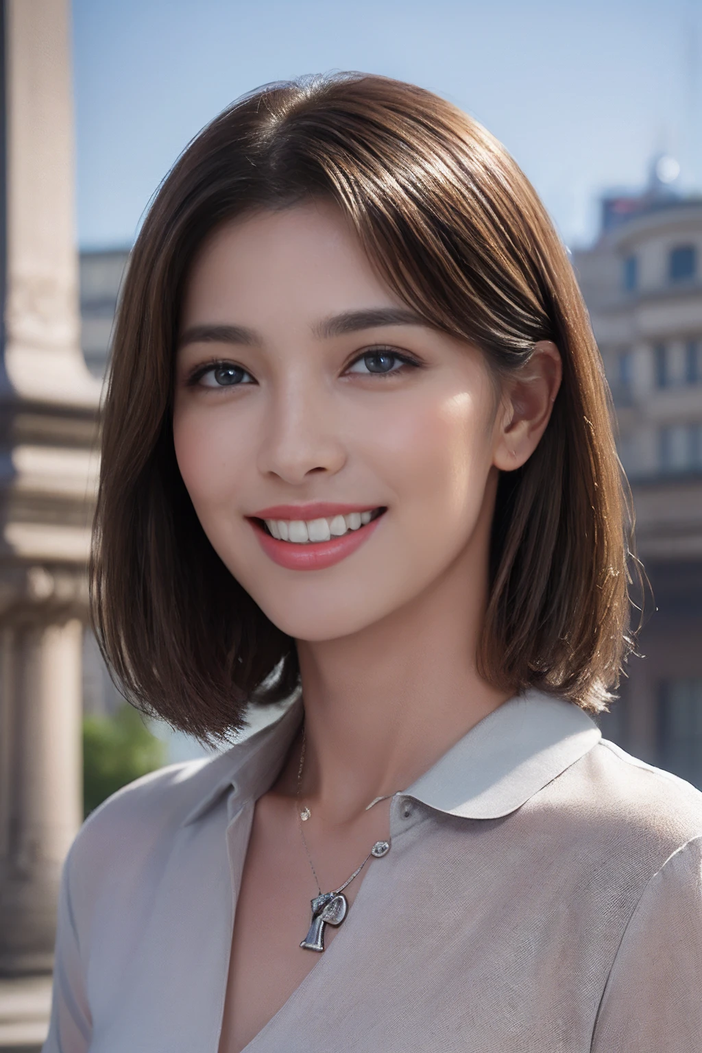 ((Downtown Paris、Realistic light、top-quality、8K、masterpiece:1.3))、1girl in、A slight smil、Slim Beauty:1.4、dark brown hair、Grey Polo Shirt、Red bean-colored long skirt、Thin Silver Necklace、A detailed eye、zoomout、Beautiful Jewish woman、show teeth、