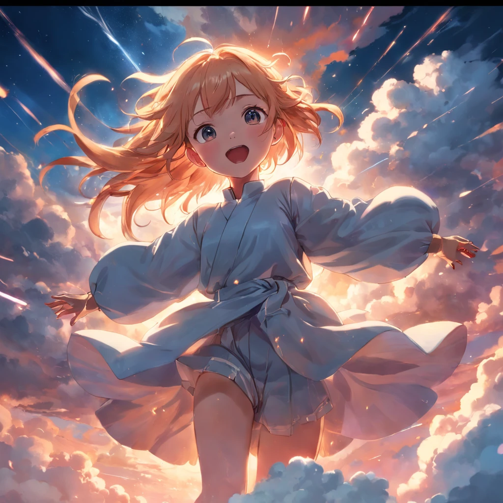 masterpiece, best quality, movie still, 1girl, cloud girl, floating in the sky, close-up, bright, happy, warm soft lighting, sunset, (sparks:0.7)