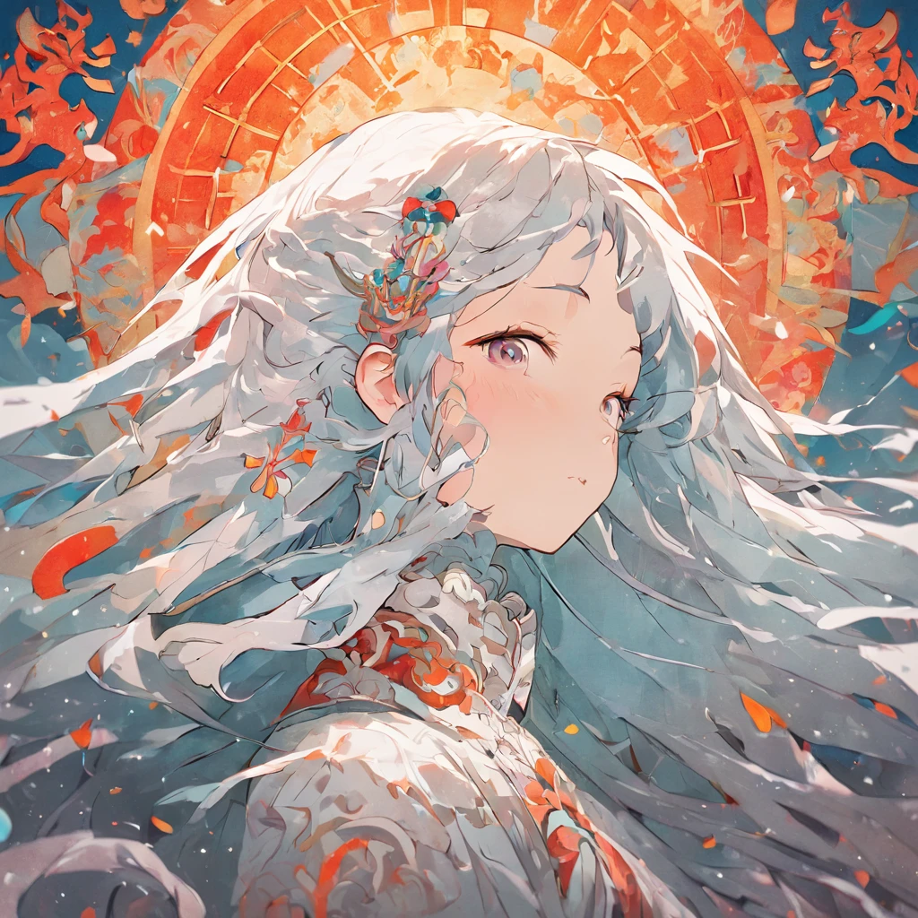 (White background:1.4),(Silhouette of a girl's head, Eyes closed, colorfull long hair, Oriental elements),(Chinese illustration:1.3,paper art:1.3, Quilted paper art:1.2),( reasonable design, Clear lines, High sharpness,Best quality, Very detailed, Masterpiece, movie light effect, 4K )