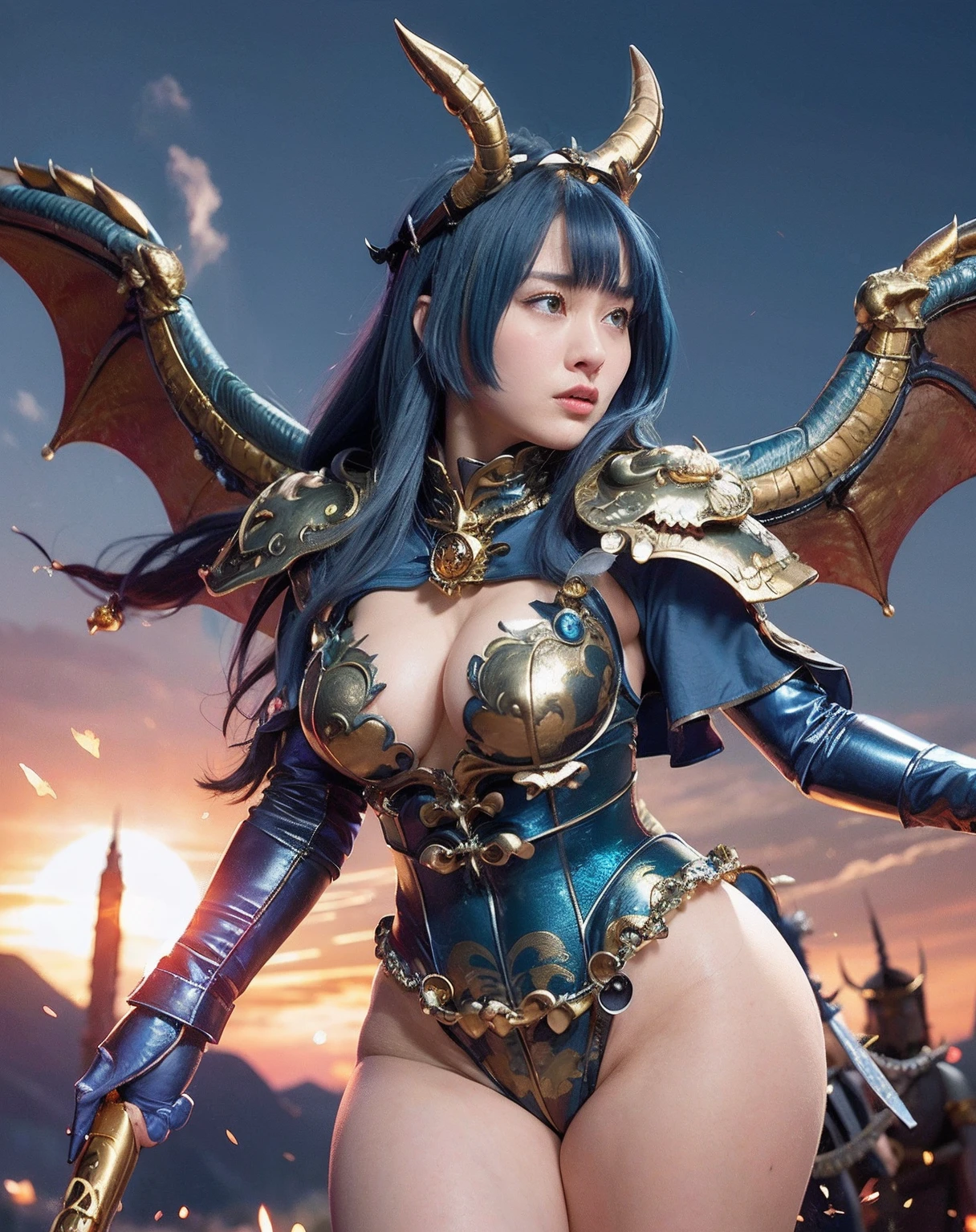 Professional , masterpiece、top-quality、photos realistic , depth of fields 、(Gemstone Blue Metal Body:1.9),(Matte blue with gold pattern、Wind-effect、(cleavage of the breast)、Dragon Gold Weapon(Dragon Metal Body:1.4),Gorgeous gold weapons ,(Particles of light)、(Strange expressions)、Mystical expression、(( Dragon's dense and gorgeous sword)) , Ultimate Beauty 、((Blue hair))、(Castle background)、The dragon、((Gangle's forest background))、Beautiful Caucasian beauty、(1a person)、dynamic ungle,(((Details of the two demon horns on the head)))、Smaller head、A smile、Castle background、Thin and beautiful female hands、cleavage of the breast、Soldier in iron armor on background、Mystical expression、Light Effects、Wind-effect、magic circles、With the legendary magic wand、(demonic wings)、(Blue hair)、(1 persons)、Battle Look、Anatomically correct body、Toostock、Toostock、
