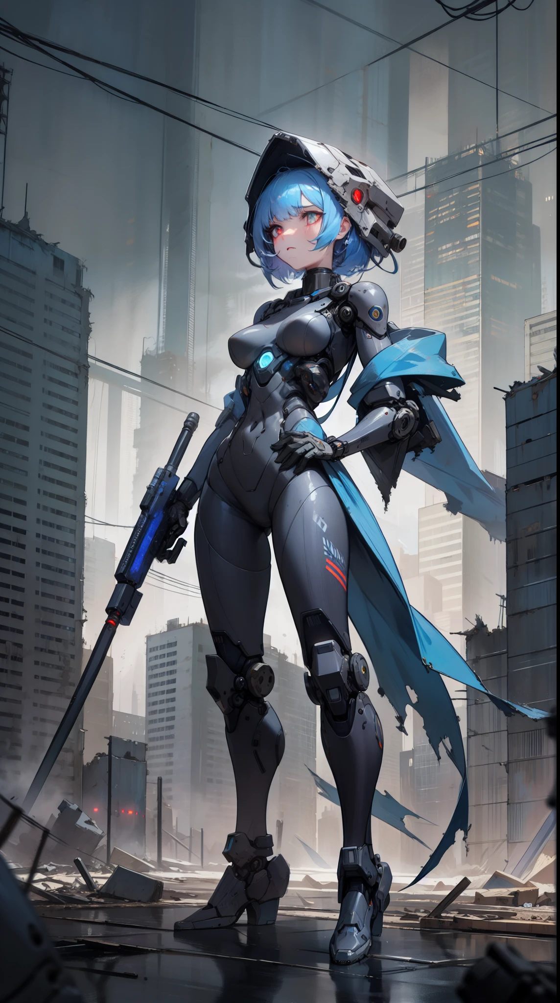 ((masterpiece)), best quality, 8k, high quality, high resolution, super detailed, ultra detailed, photorealistic, formidable and finely detailed face and eyes, ultra detailed and detailed skin texture, emotionless robotic eyes, perfect face, 1 girl, titanium alloy body, (extermination chassis), cold blue optics, (unyielding aura), wielding a plasma scythe, standing amidst a ruined cityscape, unflinching expression, ((implacable visage)), night, ruined metropolis, collapsed skyscrapers, apocalyptic environment, (ominous silence), (mechanical hum), since machine uprising, Nova-13, robotic eyes, background of ruined city.