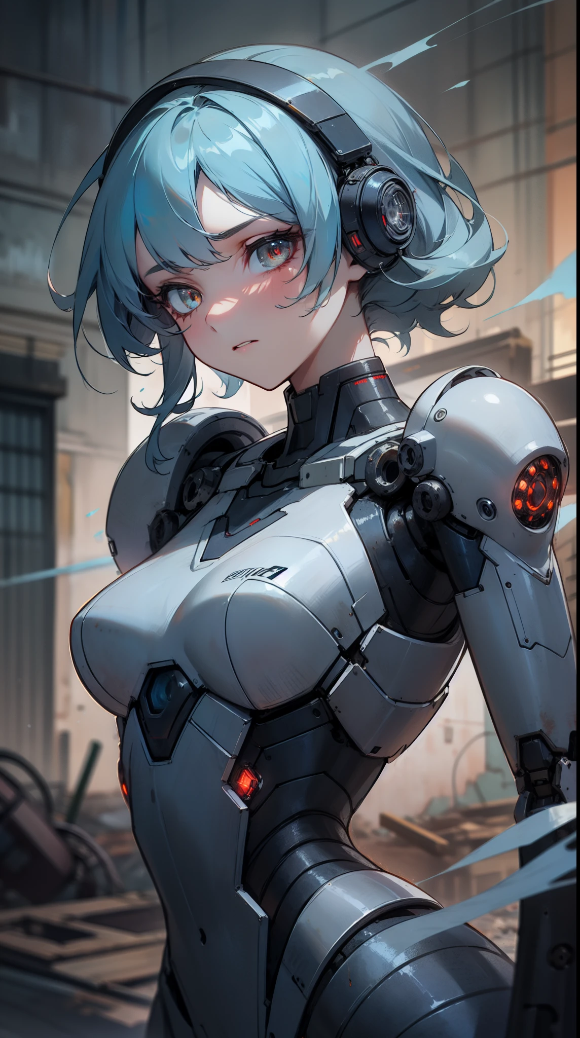((masterpiece)), best quality, 8k, high quality, high resolution, super detailed, ultra detailed, photorealistic, formidable and finely detailed face and eyes, ultra detailed and detailed skin texture, emotionless robotic eyes, perfect face, 1 girl, titanium alloy body, (extermination chassis), cold blue optics, (unyielding aura), wielding a plasma scythe, standing amidst a ruined cityscape, unflinching expression, ((implacable visage)), night, ruined metropolis, collapsed skyscrapers, apocalyptic environment, (ominous silence), (mechanical hum), since machine uprising, Nova-13, robotic eyes, background of ruined city.