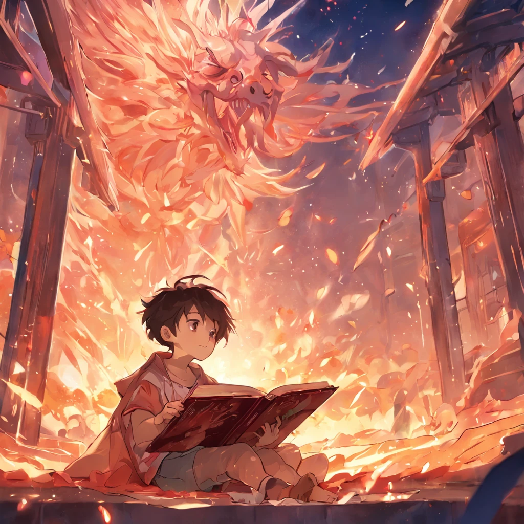 "Childrenswear outfit, 児童書, A cheerful boy in the sun lies in his room reading a book, It's fun"