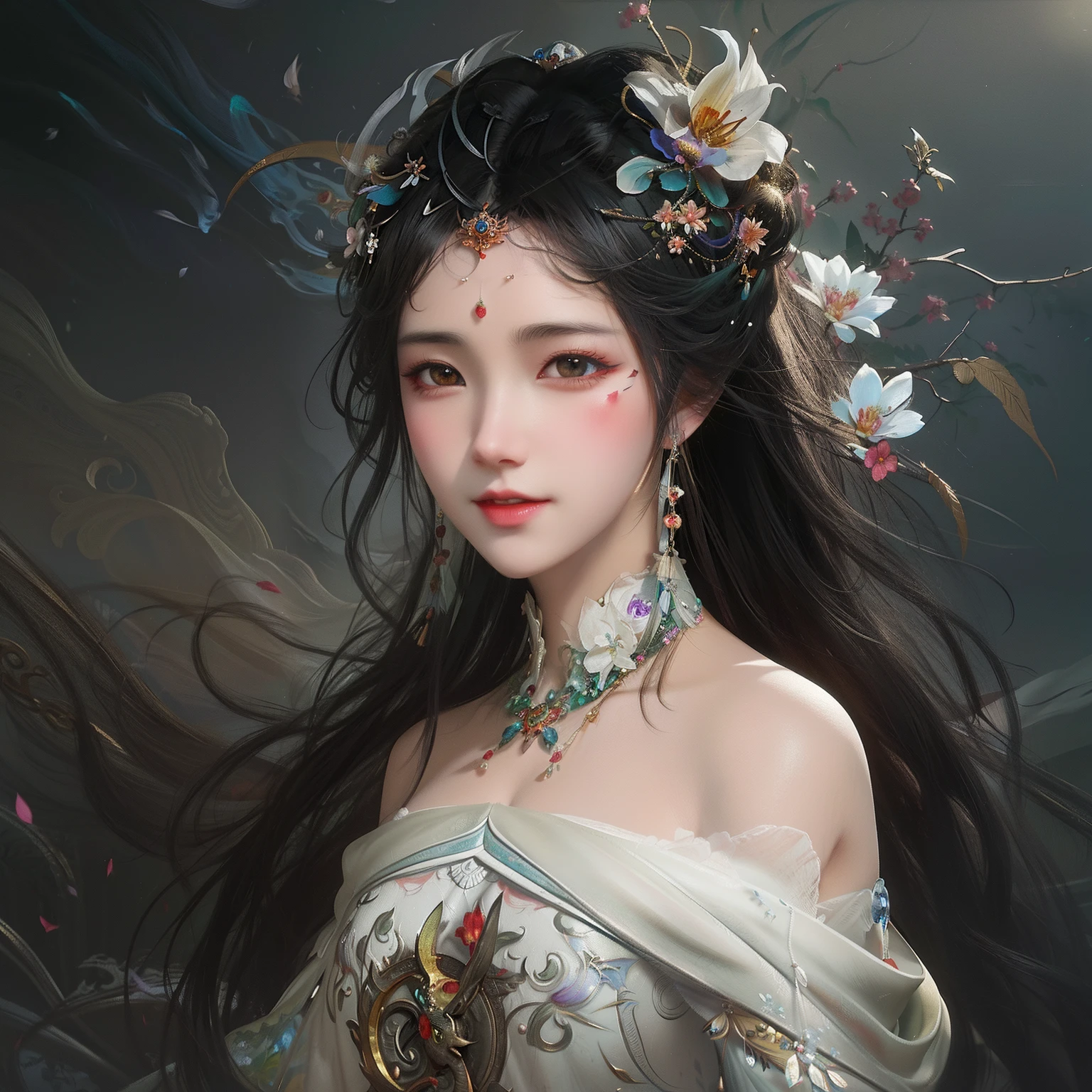 there is a woman with a flower in her hair, Guviz-style artwork, Beautiful character painting, style of wlop, Spastic Painting wind, beautiful fantasy art portrait, WLOP Art, guweiz masterpiece, digital fantasy art ), by Yang J, art by wlop, a beautiful fantasy empress, Inspired by WLOP, stunning digital illustration