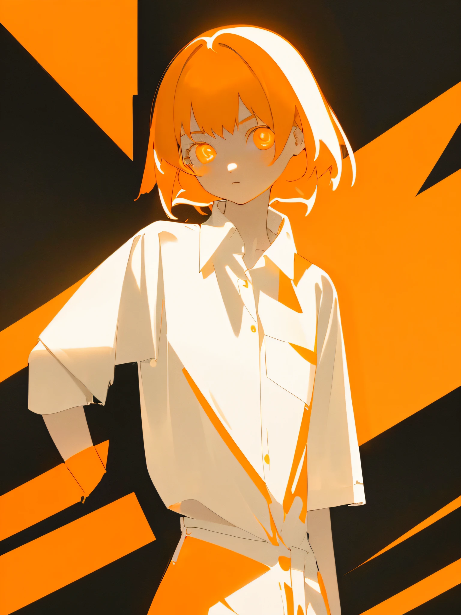 masterpiece, top quality, highest resolution, 1girl in 8years old, (white oversized shirt:1.3), (pale orange hair with a lot of fluorescent colors), (delicate fluorescent orange eyes:1.4), (a corner of a dark room), (fullnude:1.0), (highcontrast:1.1), best light and shadow,