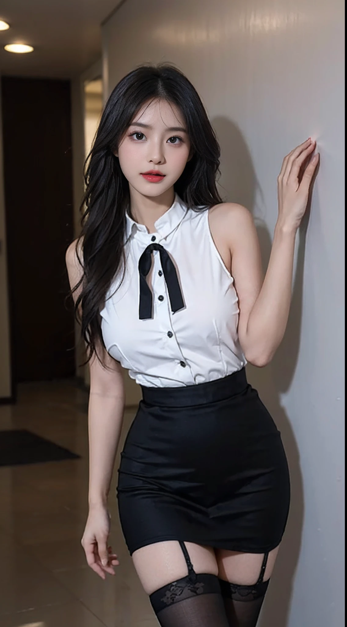 best qualityer,((Black interior wall background)),black background wall,Horizontal background wall,Black interior wall background,with black background,Black interior wall background,Model photography style,blueglow,A perfect young female white-collar worker,Chinese big breasts,High picture quality,Works of masters,Black hair,Single horsetail,hair adornments,cropped shoulders,鎖骨,exquisite face,Hydrated red lips,face fill light,((Wear colorful and stylish summer sailor suits))(red colour,blue colors,green color,Violet-orange,In pink,amarelo,Printed clothing,Colorful costumes),Kurfo,,Colorful pleated skirt,Shadow lace skirt,Sparkling gemstone dress,Lightning astral dress,Crystal elements,Embroidery pattern elements,Fringed skirt,snowflake dress,Moonlight skirt,Butterfly fairy dress,Drizzle dress,lumnious,white stockings,black lence stockings,Hosiery,Jumpsuits,Suspenders,Lace material,Silk clothing,Real Human,Bare thighs,Expose calves,(Look down from above:1.2),Expose calves,(Black interior wall background:1.5),CG rendering,16k,dynamicposes,Empty interior,Do not show your hands,Close-up shot