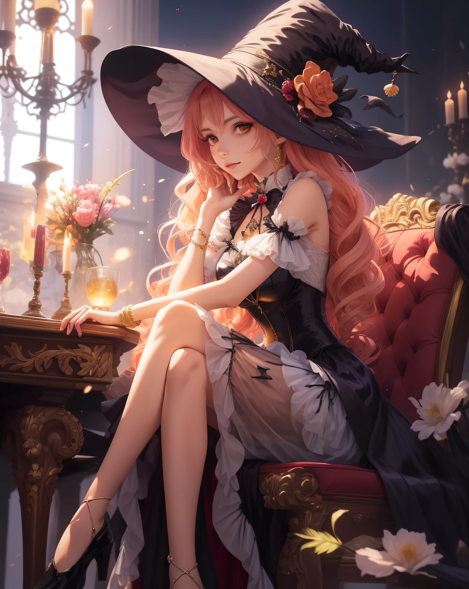 A closeup of a woman sitting in a chair wearing a hat, mulher bonita sedutora do anime, estilo de arte de fantasia, classical witch, magia de elenco de bruxa de anime de paquera, mulher bonita do anime, mago bonito, menina anime loira com cabelo longo, menina anime bonita, feiticeira bonita, uma bela feiticeira, feiticeira bonita, arte de fantasia de anime