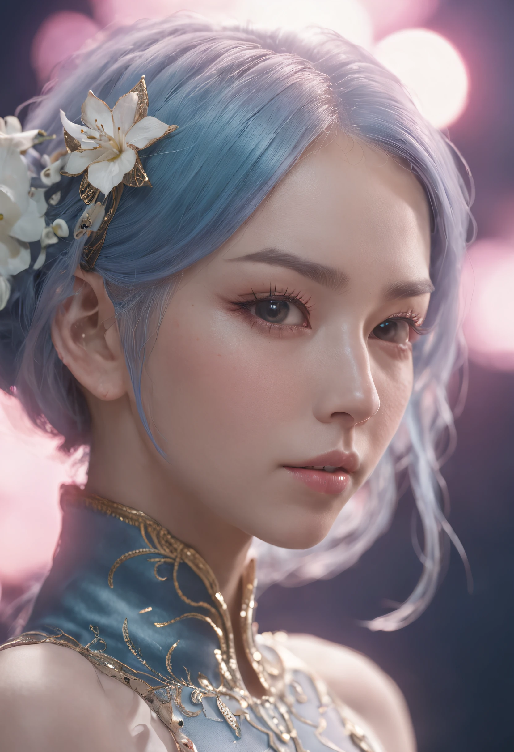 （first person perspective, in a panoramic view，magic realism，surrealism，Chiaroscuro, anime illustration：1.5，，Masterpiece, hyper HD, Super detail, High details, Best quality, A high resolution, A high resolution, Award-Awarded, Award-Awarded, Anatomically correct, 8K），（Delicate anime girl：1.5，blue hairs，sitting on a moon：1.5，Peach blossoms with blurred foreground，the sea，​​clouds，A huge crescent is suspended in space，Peaceful night sky in the background，A lot of meteors），（ Chic girl，anatomy correct，Cinematic lighting，senior color matching，Dark background）