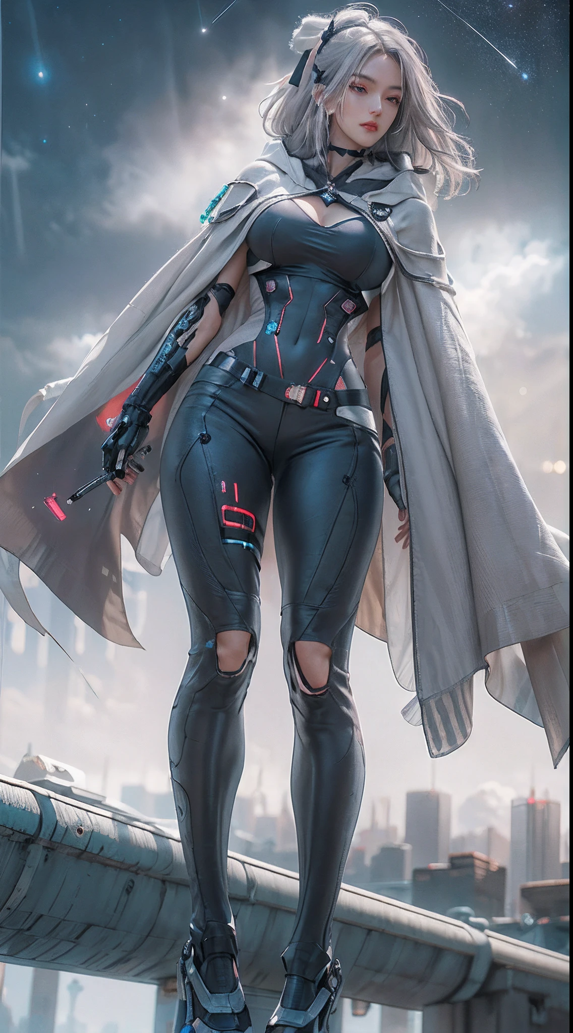 photorealistic, high resolution, soft light,1women, solo, hips up, shining skin, (detailed face), jewelry, tattoo, best quality, 4k, mecha, starry sky, stars \ (sky\), cape, hair ribbon, slim legs, hood, long hair, gray hair, cyberpunk, depth of field, (big breast: 0.75),