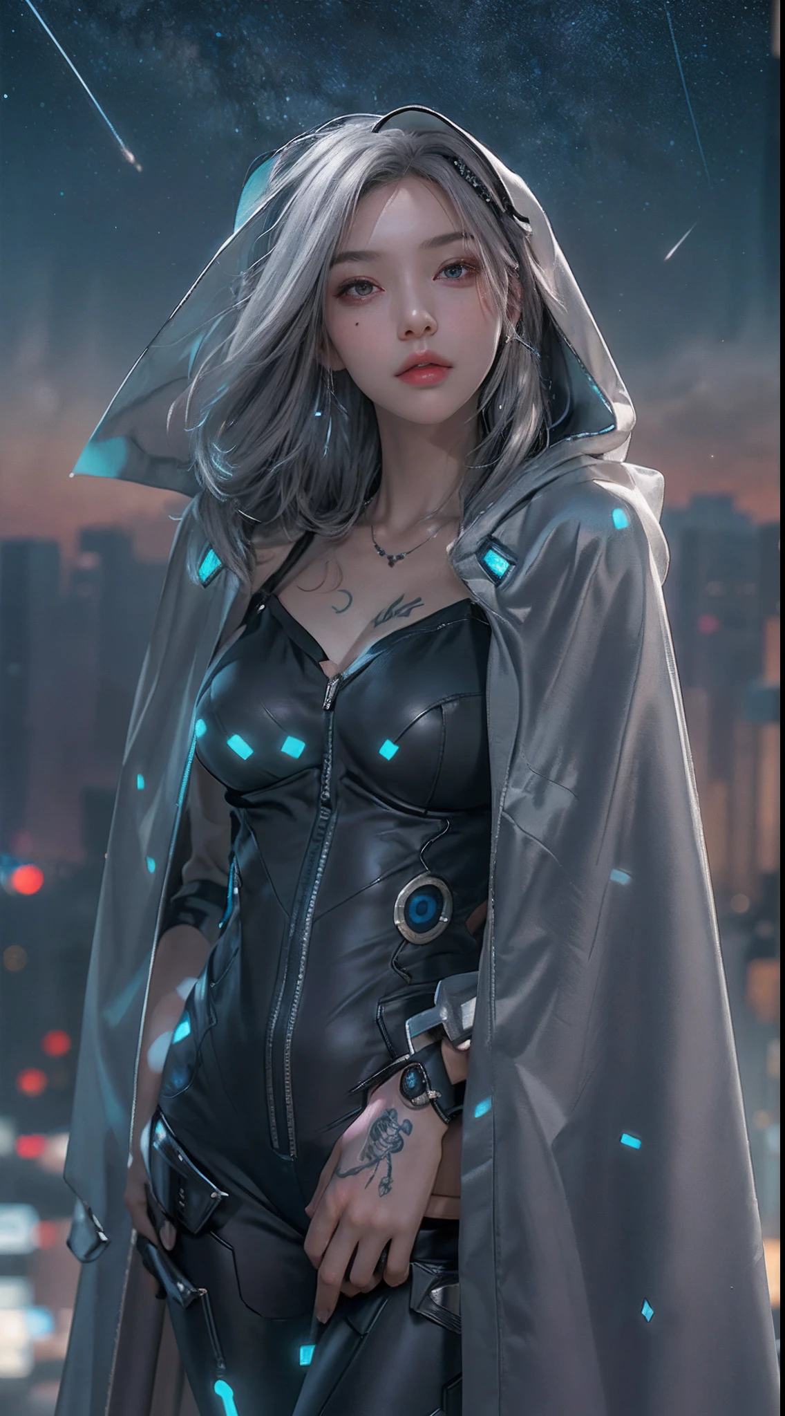 photorealistic, high resolution, soft light,1women, solo, hips up, shining skin, (detailed face), jewelry, tattoo, best quality, 4k, mecha, starry sky, stars \ (sky\), cape, hair ribbon, slim legs, hood, long hair, gray hair, cyberpunk, depth of field, (big breast: 0.75),