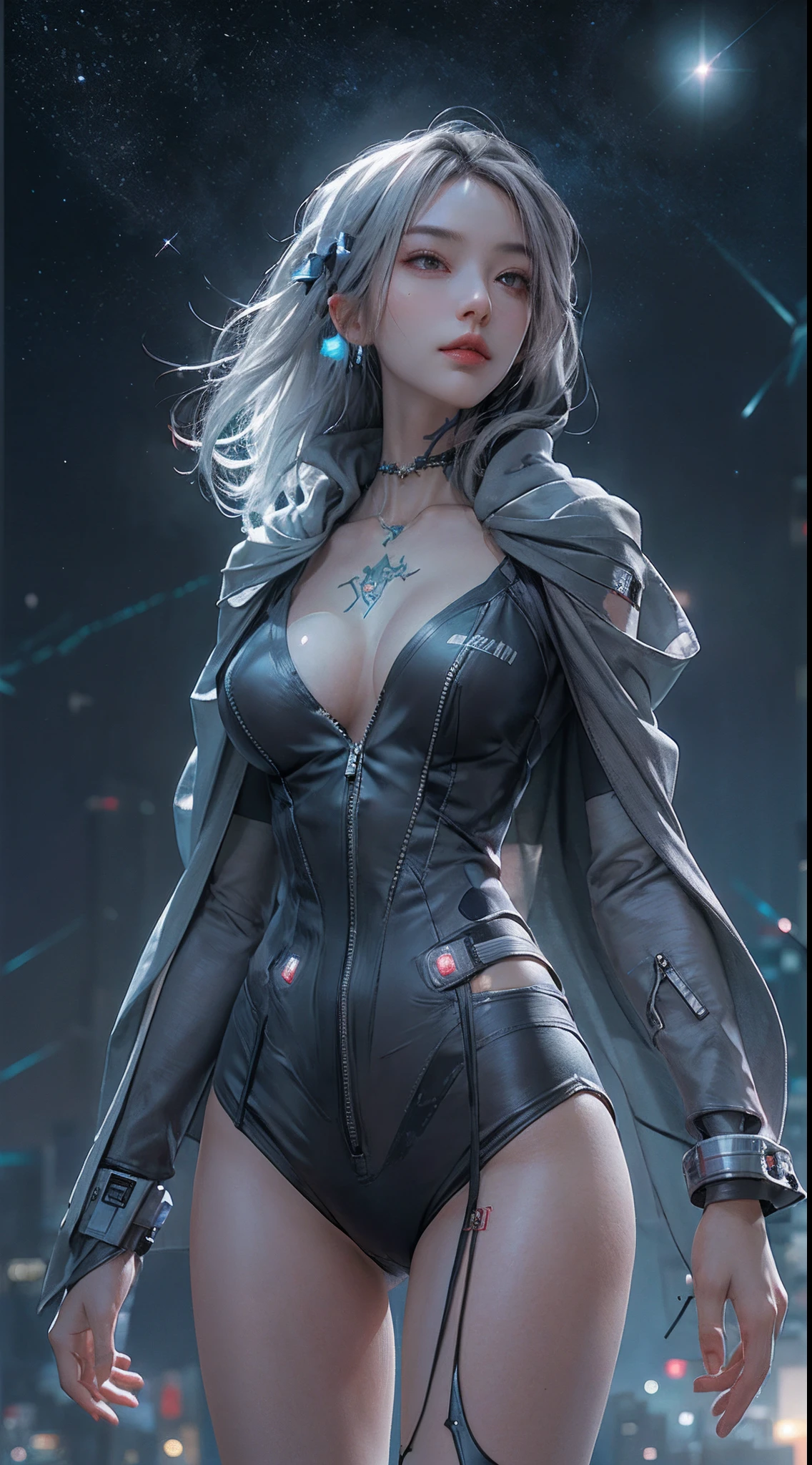 photorealistic, high resolution, soft light,1women, solo, hips up, shining skin, (detailed face), jewelry, tattoo, best quality, 4k, mecha, starry sky, stars \ (sky\), cape, hair ribbon, slim legs, hood, long hair, gray hair, cyberpunk, depth of field, (big breast: 0.75),