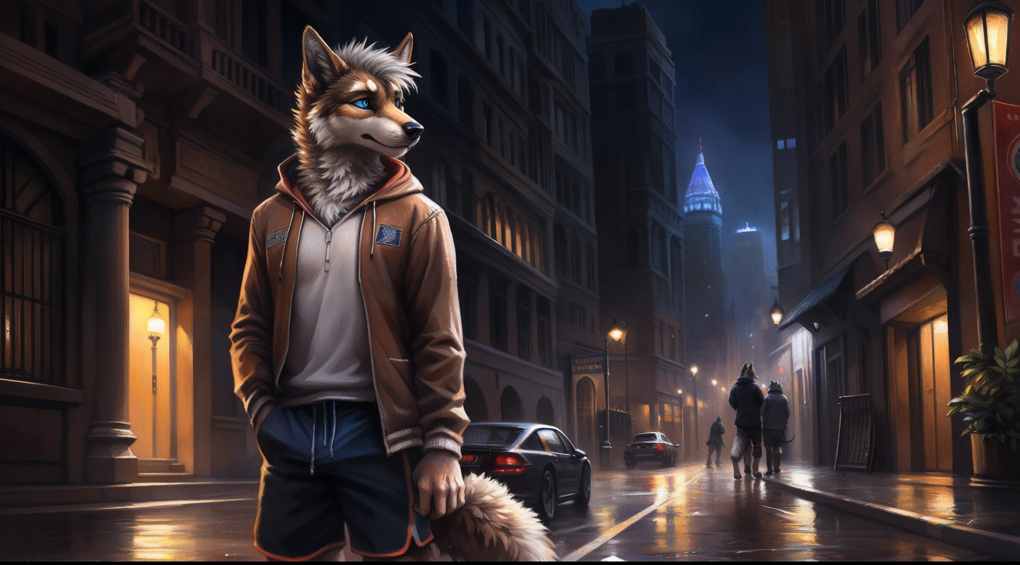 ((Solo)), male people, anthro wolf, (Multi-colored fur, Black White Taupe:1.3), ((Dog face, White hair, Big eyes, White eyelids, Blue pupil, Slim:1.2) (Tough, Calm expression:1.2)), ((sport:1.1)), Slim, pinging)), (Correct anatomy), (Work shorts:1.1), (Red hooded coat),(Contoured bones:1.2), (detailed outfits),large tail, (Realistic fur, Detailed fur texture, labeled:1.3)), (Natural lighting), Photorealistic, Hyperrealistic, ultradetailed, by Kenket,the night,In the city,rained
