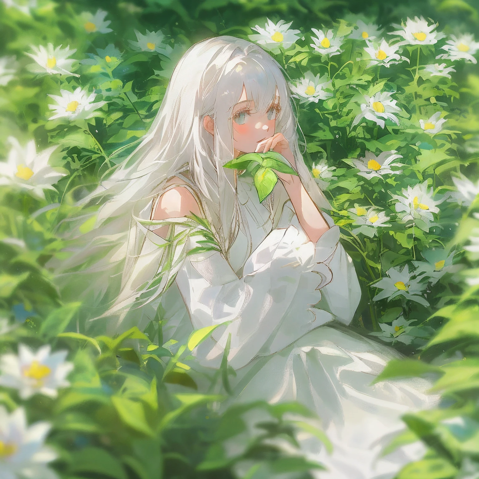 (masterpiece, best quality),1girl with long white hair sitting in a field of green plants and flowers, her hand under her chin, warm lighting, white dress, blurry foreground