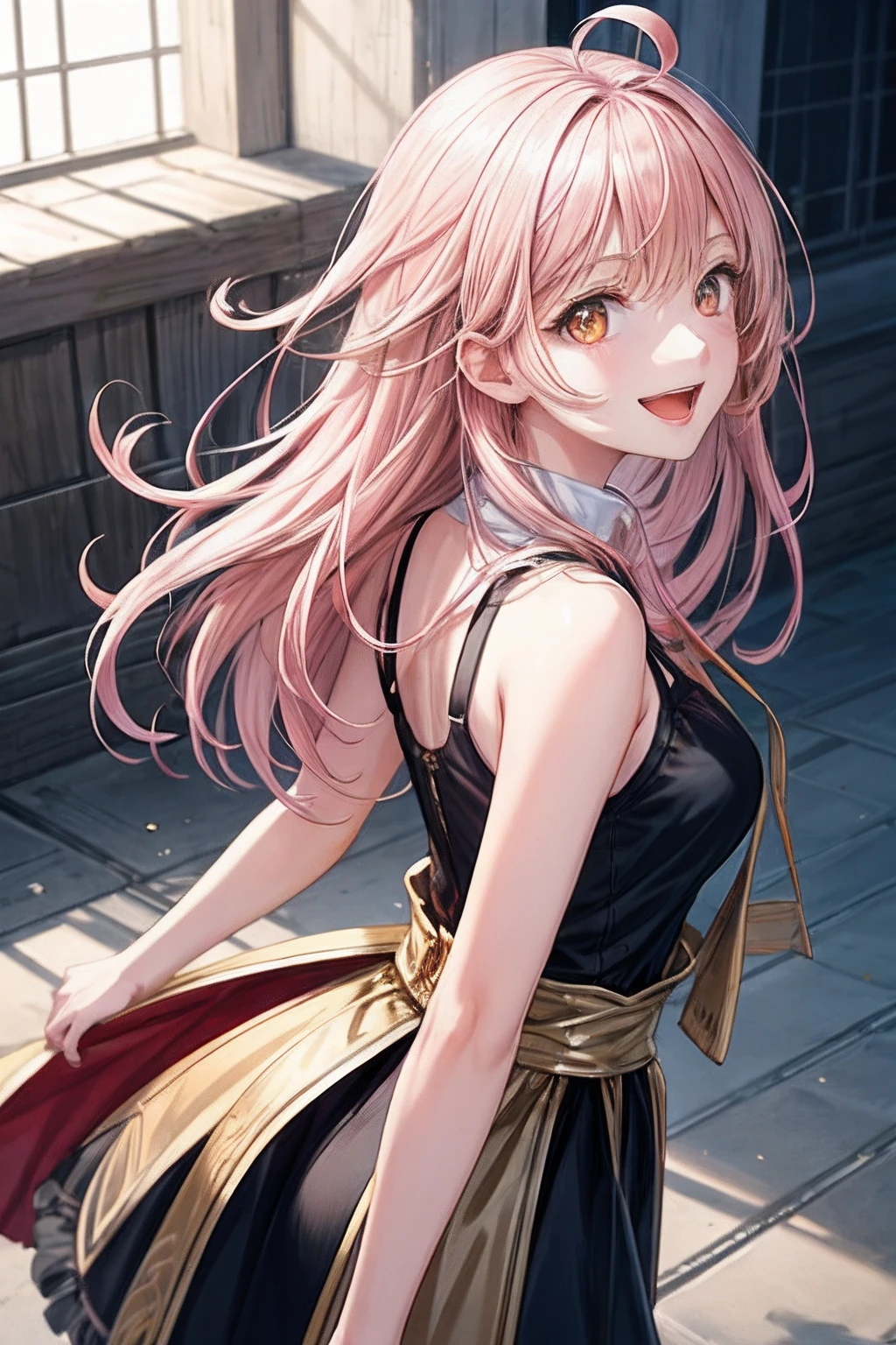 1girl,solo,17yo,medium breasts,golden eyes,light pink hair,ahoge,best quality,ultra-detailed,illustration,smile,open mouth,from back,