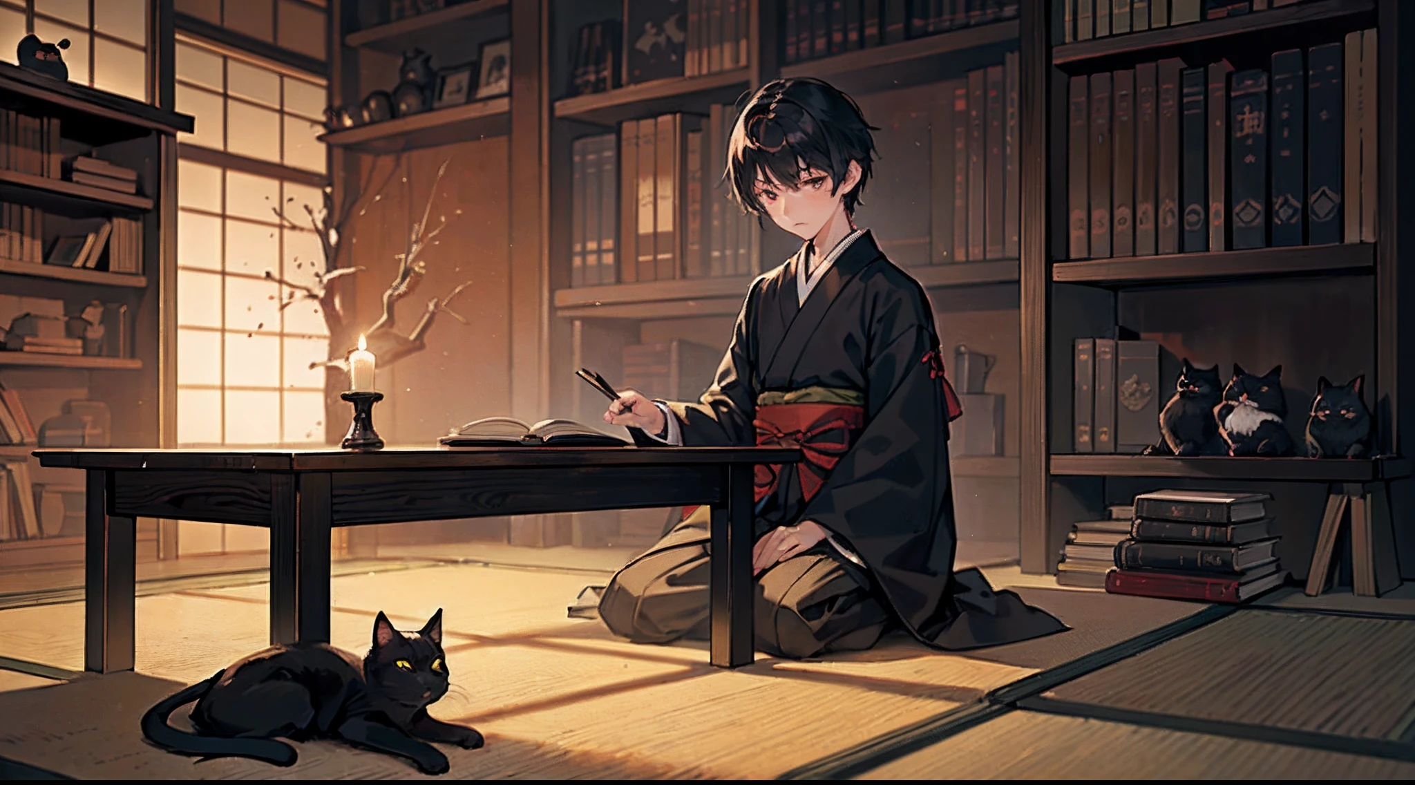 #nigh sky (Darkness of the night,No light), #One Writing Boy (************ male、Honor Students、A dark-haired、short-hair、Hakama,Sit flat), #Black room at night (No light,Black cat,Wooden Low Table,1 candle,Beautiful tatami mats,a lots of books,bookshelf)