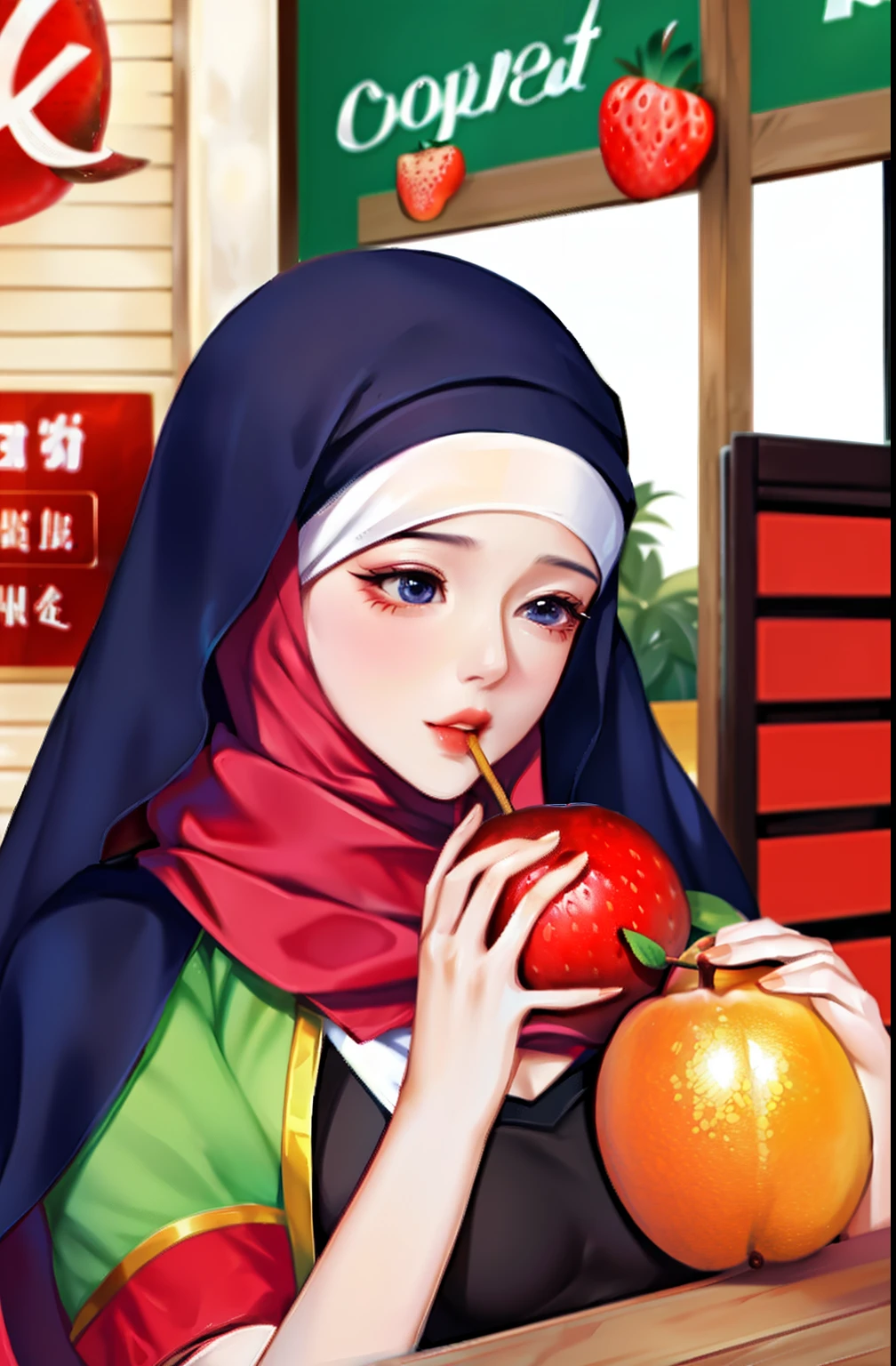 A hijab woman on a fruit store, super big chest, super big chest, (P cup), Looks weak。On the table next to the fruit store was a fruit and a flower , eating fruit,